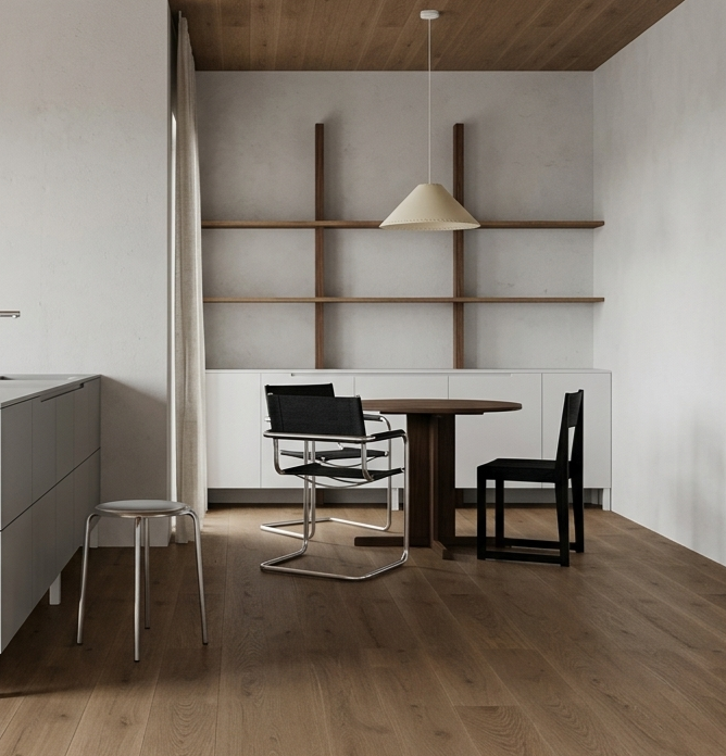 Minimalist apartment interior with architectural balance and warmth