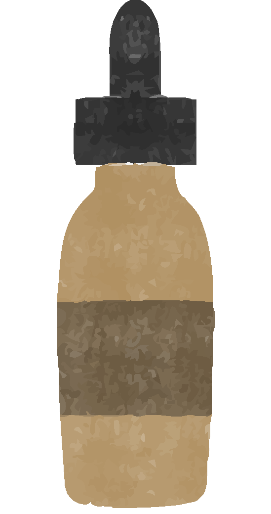A stylized digital illustration of a small dropper bottle with a black cap and a beige and brown striped body against a black background.