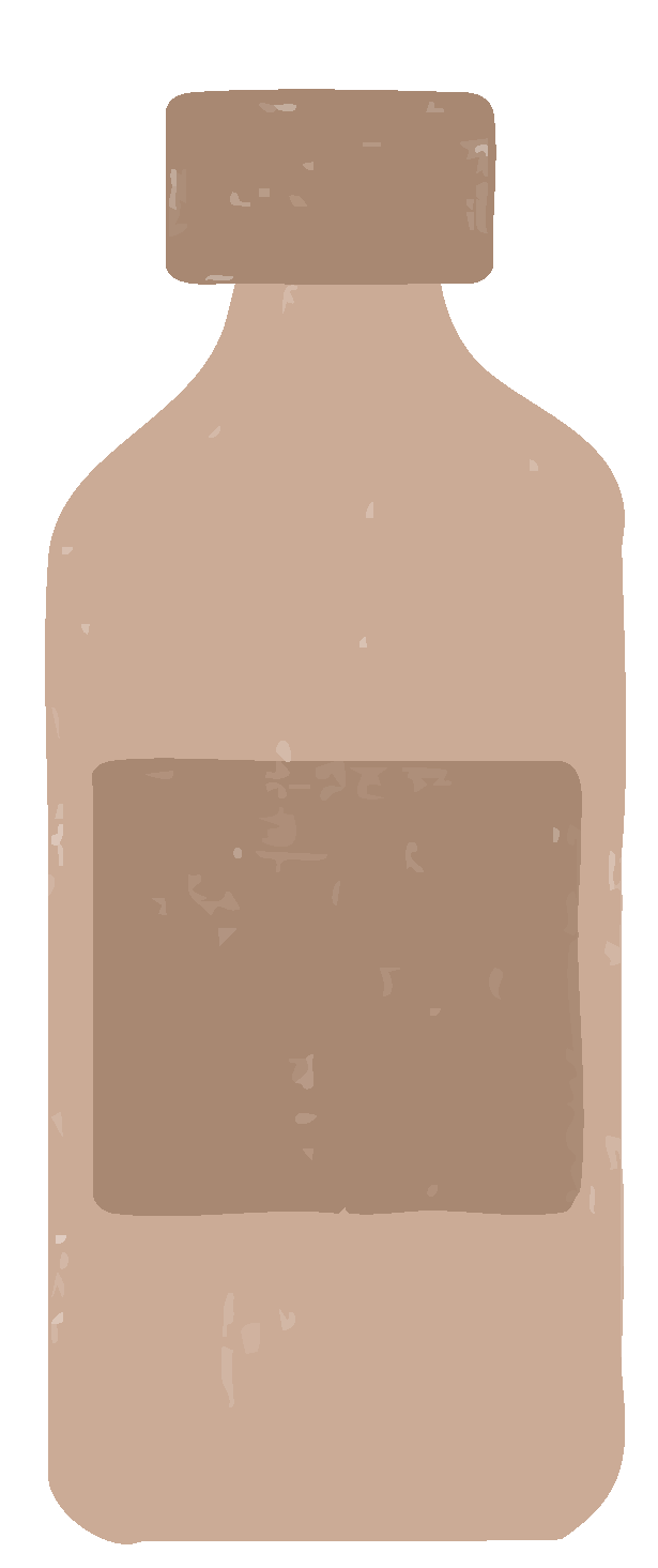 A beige and brown illustrated bottle with a rectangular label and a round cap.