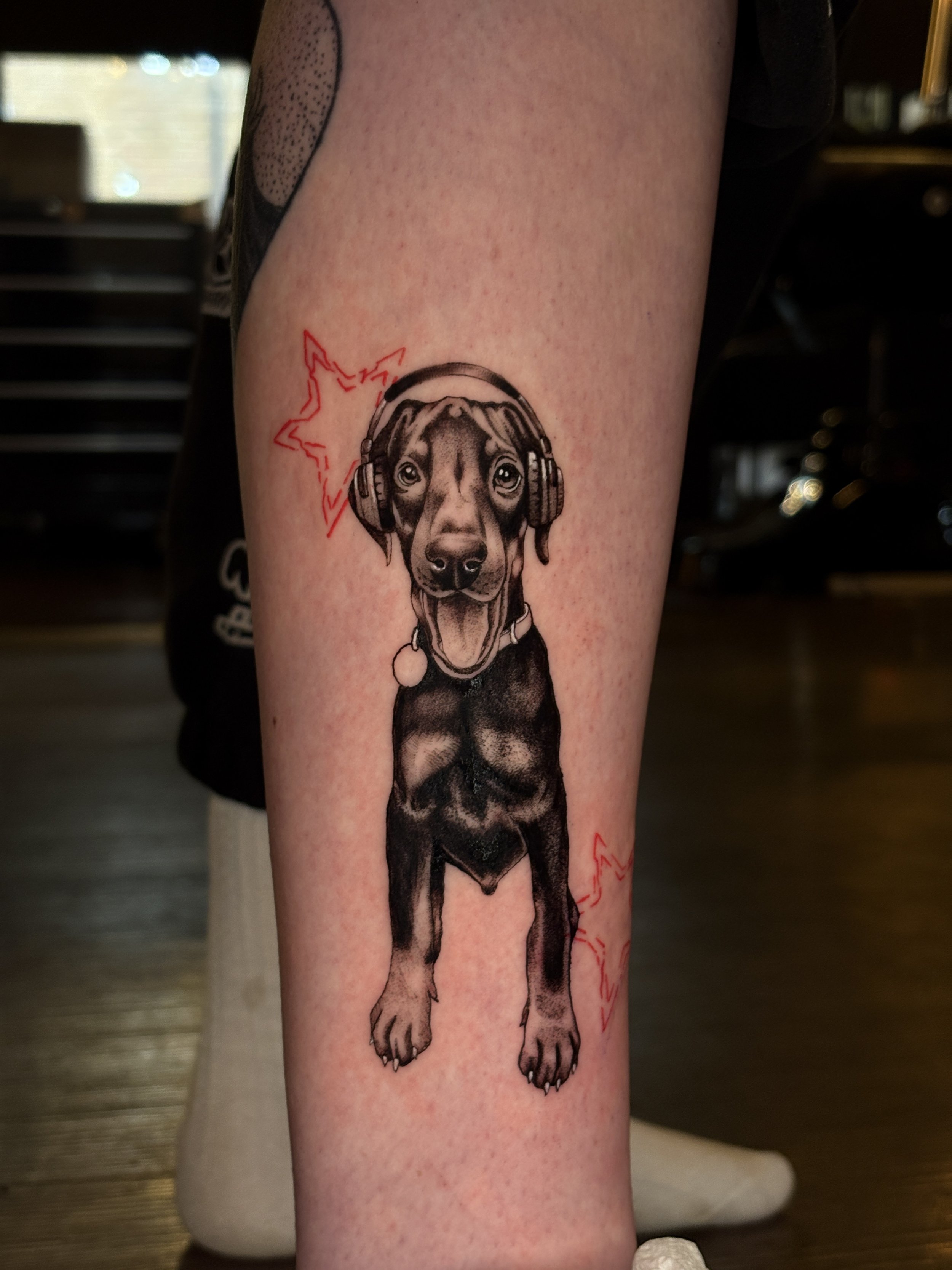 Tattoo of a realistic dog wearing headphones, with red outlined stars surrounding it.