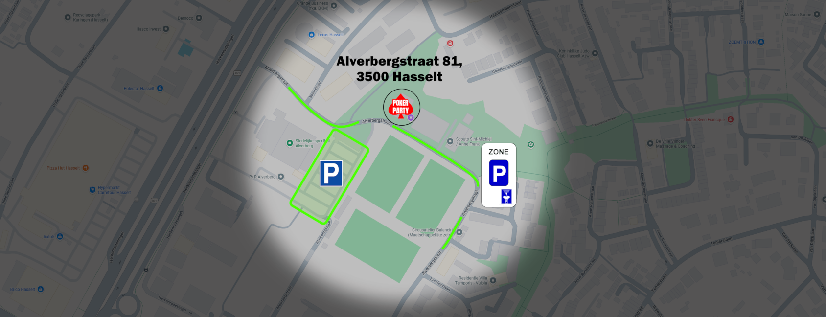 Map van Hasselt met parkeergelegenheden en locatie markings, inclusief Alverbergstraat 81, een Poker Party evenement, en parkeer zones.