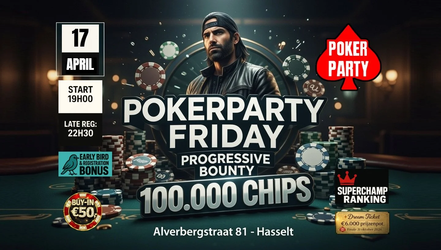 A promotional poster for a poker game event called PokerParty Friday, featuring a man in a leather jacket, poker chips, and various event details in Dutch. The event is on April 17th, starting at 19:00, with late registration at 22:30, and includes bonus offers and prize tickets.