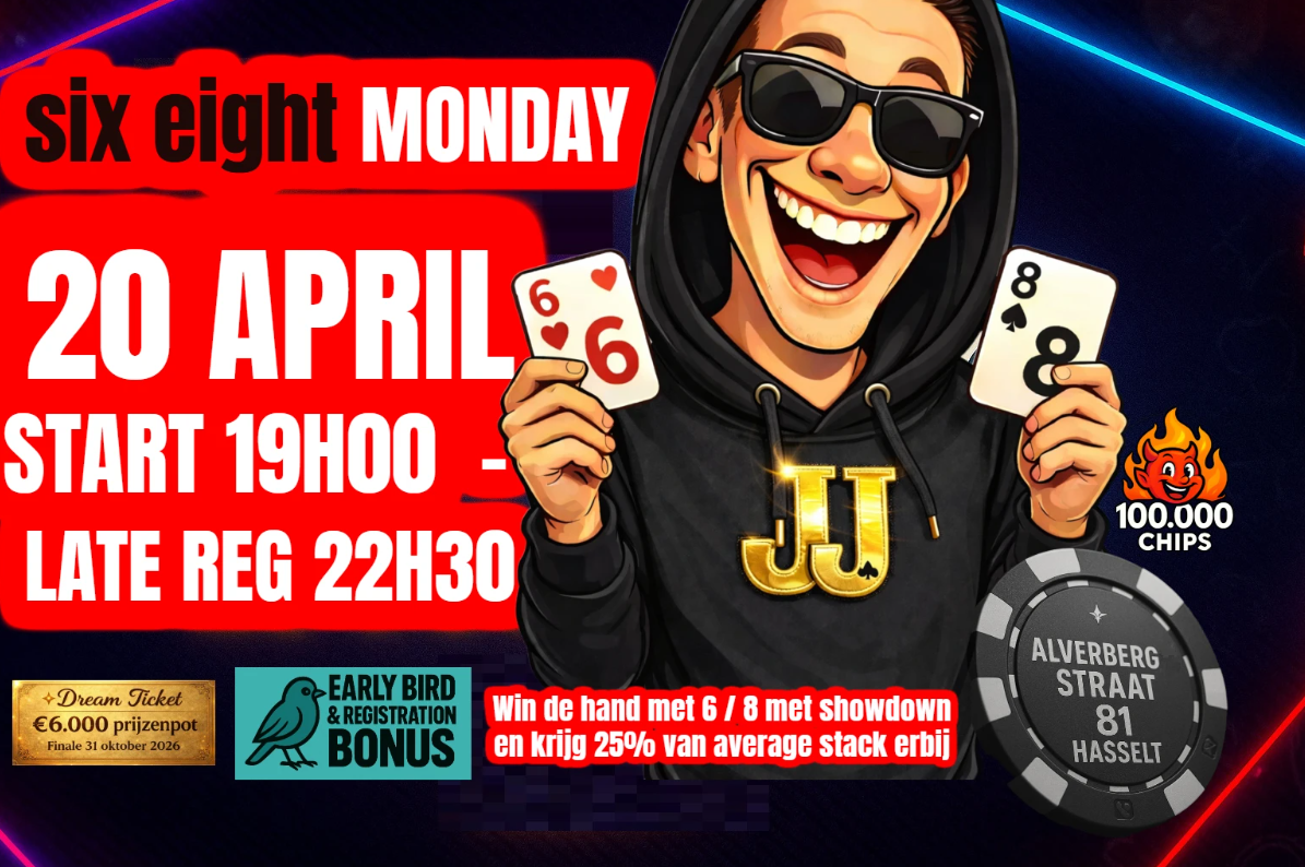 Een advertentie voor een pokertoernooi op 20 april die begint om 19:00 uur en sluit om 22:30 uur, met een persoon die een doorzichtige zonnebril draagt en een black hoodie met goudkleurige letters 'JJ', hij houdt twee kaarten in de hand (6 en 6, 8 en 8).