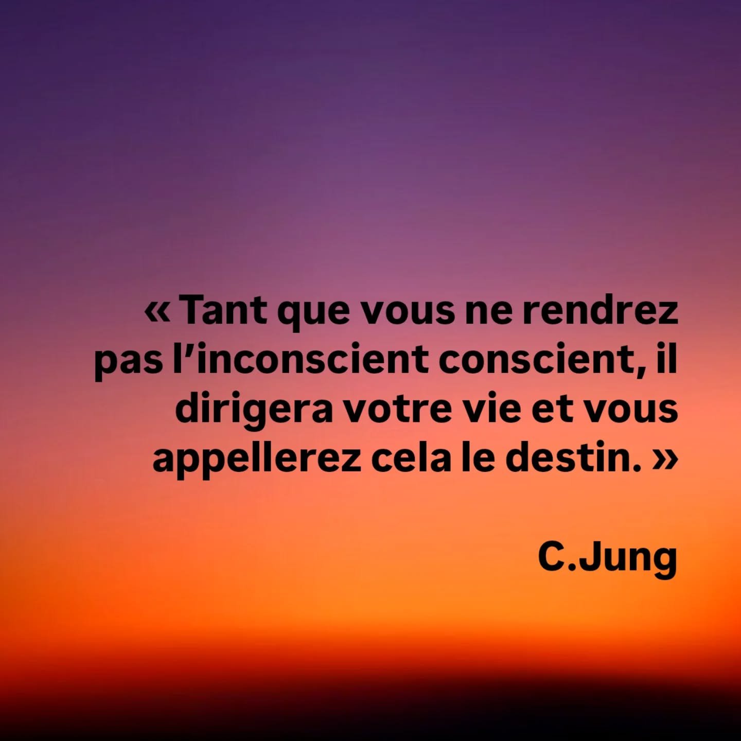 &laquo; Tant que vous ne rendrez pas l&rsquo;inconscient conscient, il dirigera votre vie et vous appellerez cela le destin. &raquo;

&ldquo;Until you make the unconscious conscious, it will direct your life and you will call it fate.&rdquo;

C.Jung
