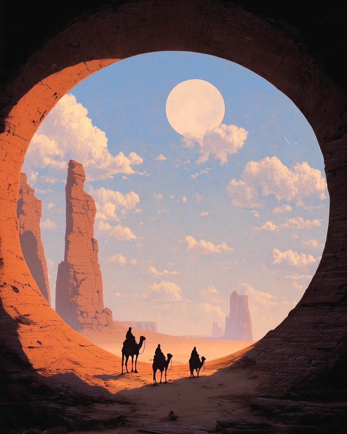 Voyageurs franchissant une arche monumentale, symbole du chemin personnel et de l'accompagnement en astrologie humaniste.