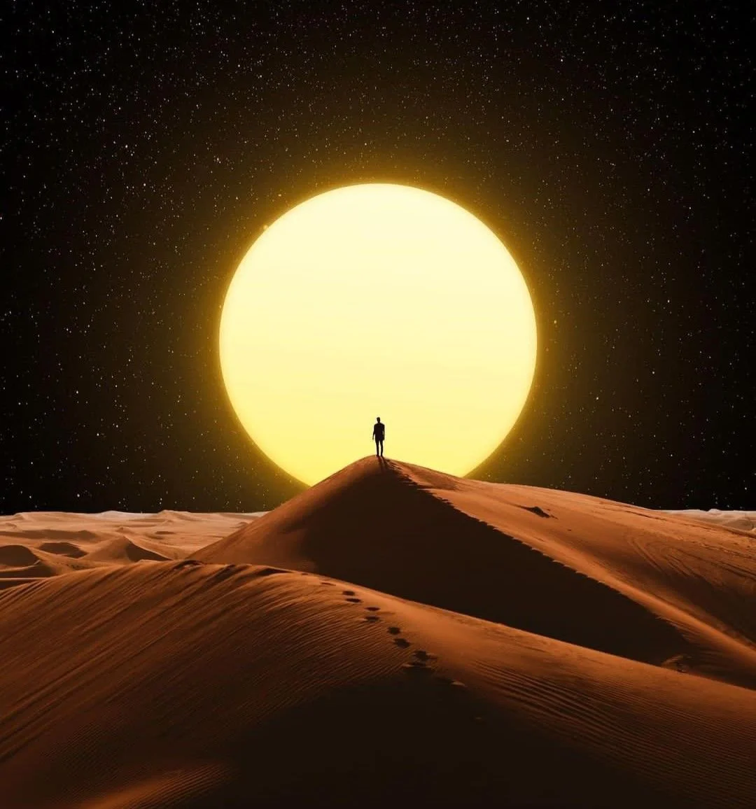 Voyageur face à un soleil lumineux, symbole d'une première consultation astrologique et d'un chemin de transformation intérieure.