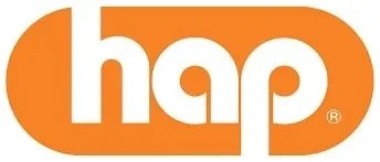 Hap logo with orange background and white lowercase text