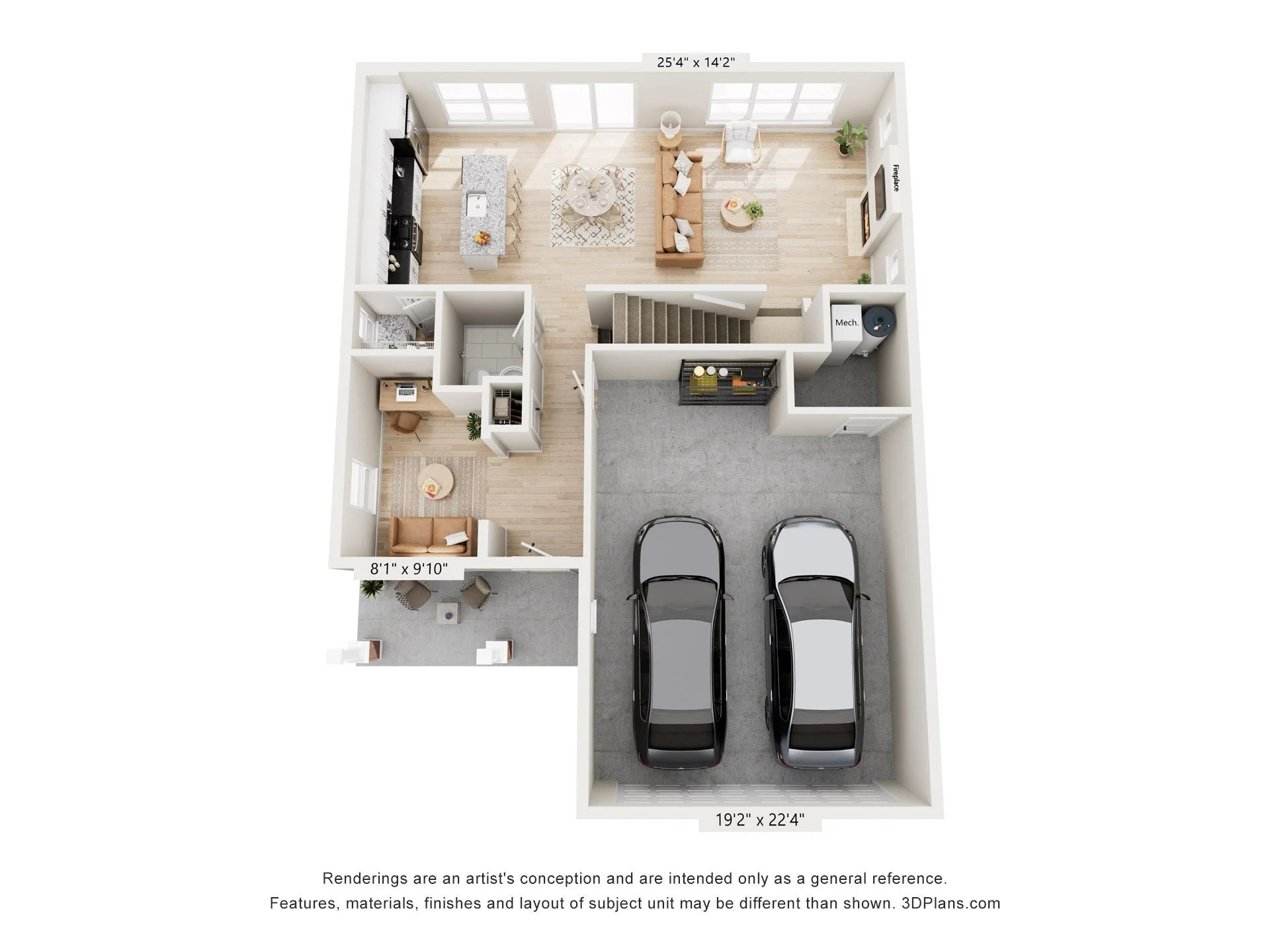 Top-down view of a modern house floor plan including a garage with three cars, a living room with a sofa, armchair, coffee table, fireplace, and large windows, a kitchen with an island, dining area, and adjacent bathroom and laundry room, and a small outdoor patio with chairs and a potted plant.