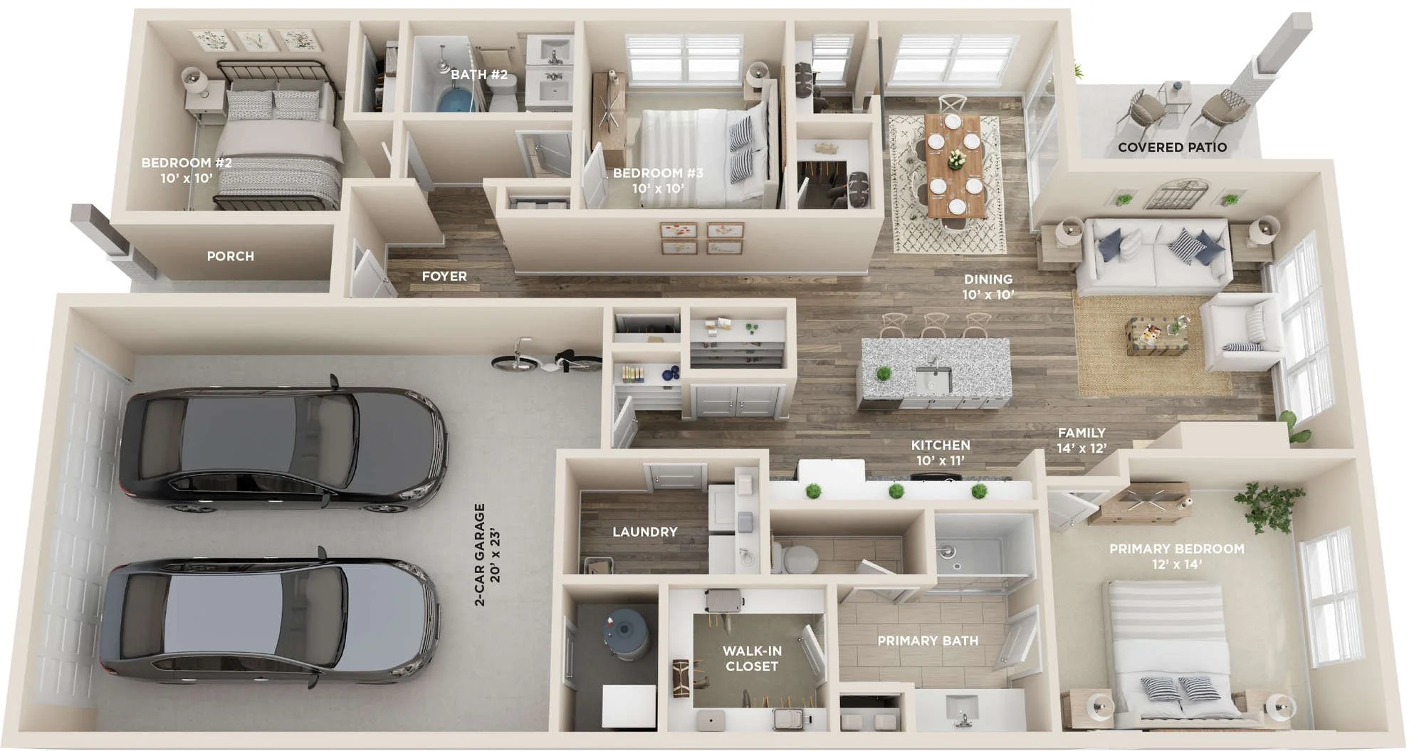 3D floor plan of a house interior including a porch, foyer, two-car garage, laundry room, primary bedroom with walk-in closet and primary bath, kitchen, family room, dining area, covered patio, bedroom two and three, bathroom two, and various furnishings.