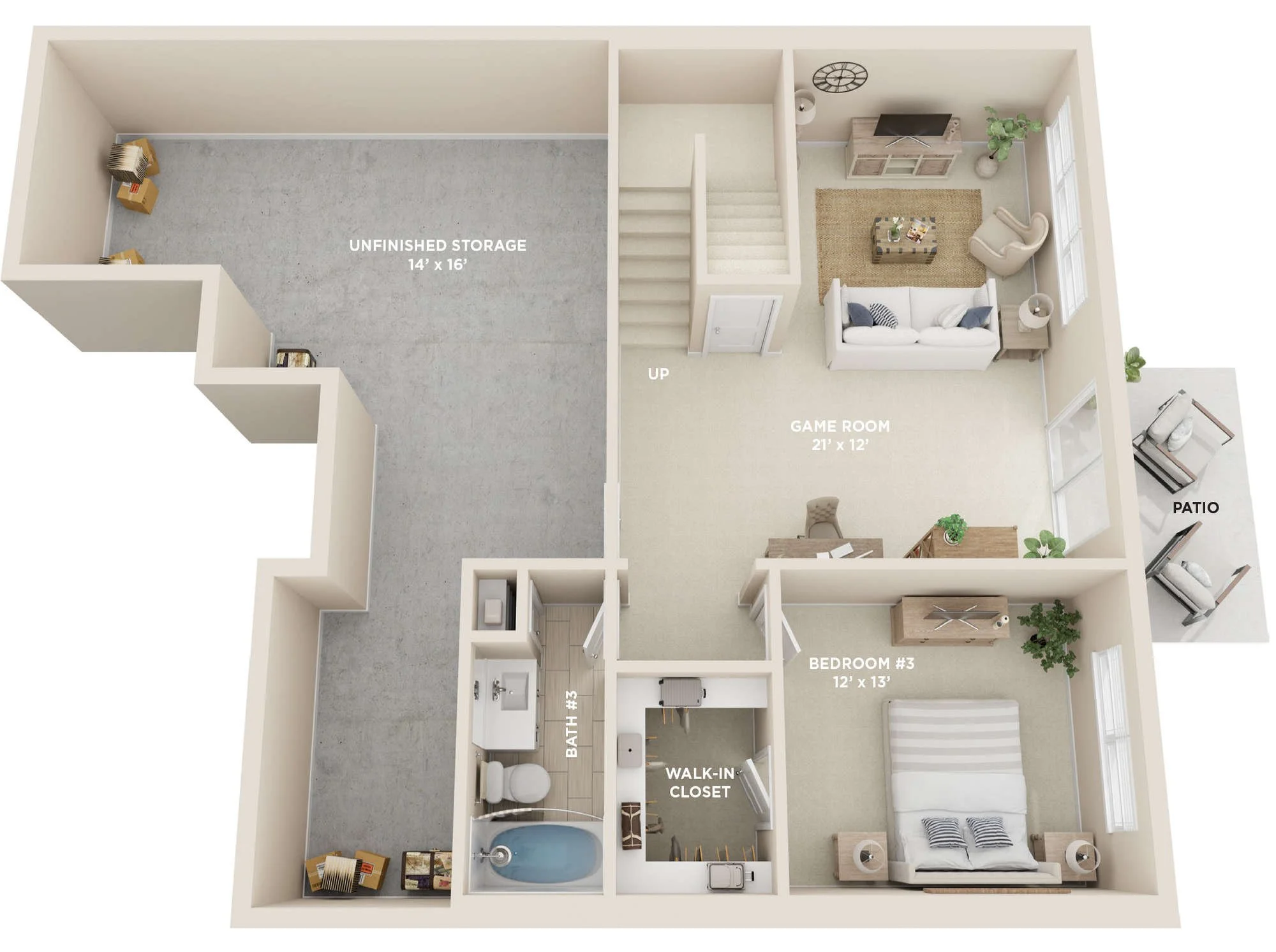 Floor plan of a living space showing a game room, unfinished storage area, bedroom, bathroom, walk-in closet, and patio.