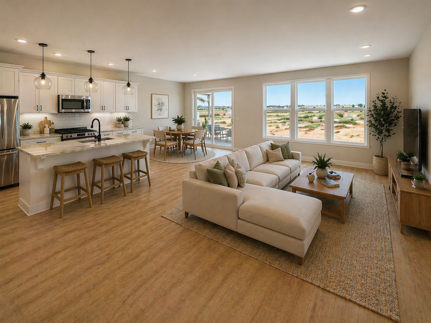 The Uptown townhome open concept kitchen dining and living room at Prairie Ridge Rochester MN
