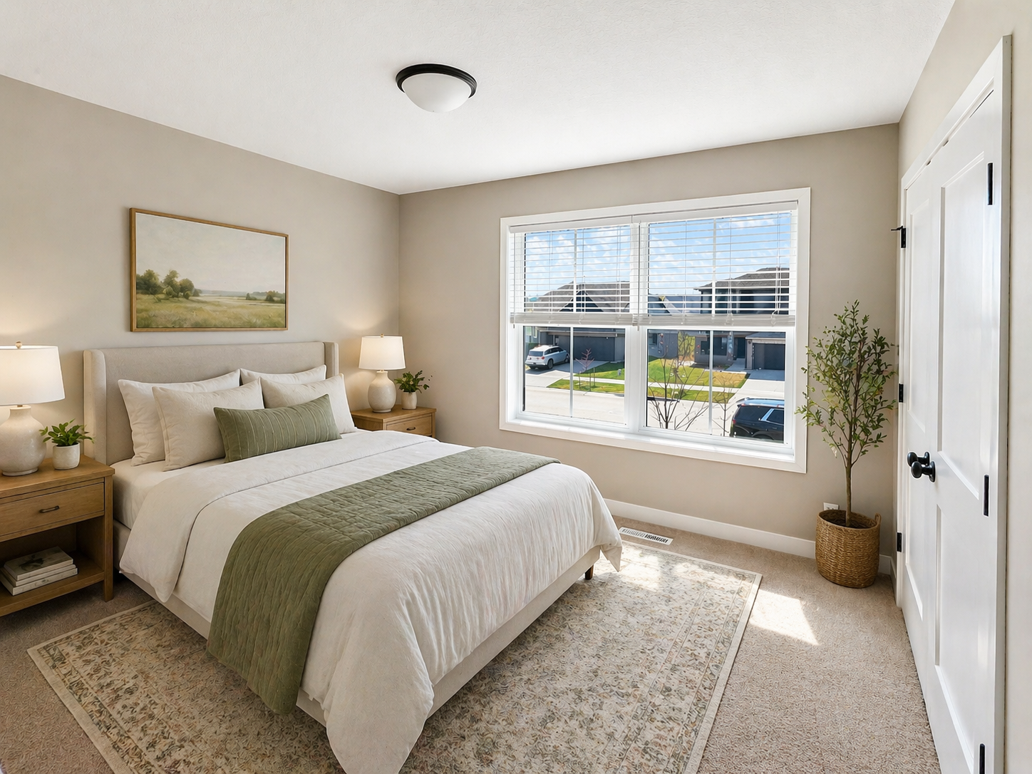 Bright bedroom with a large window, white bed with green and white bedding, two wooden nightstands with lamps, a potted plant, and a framed landscape painting on the wall.