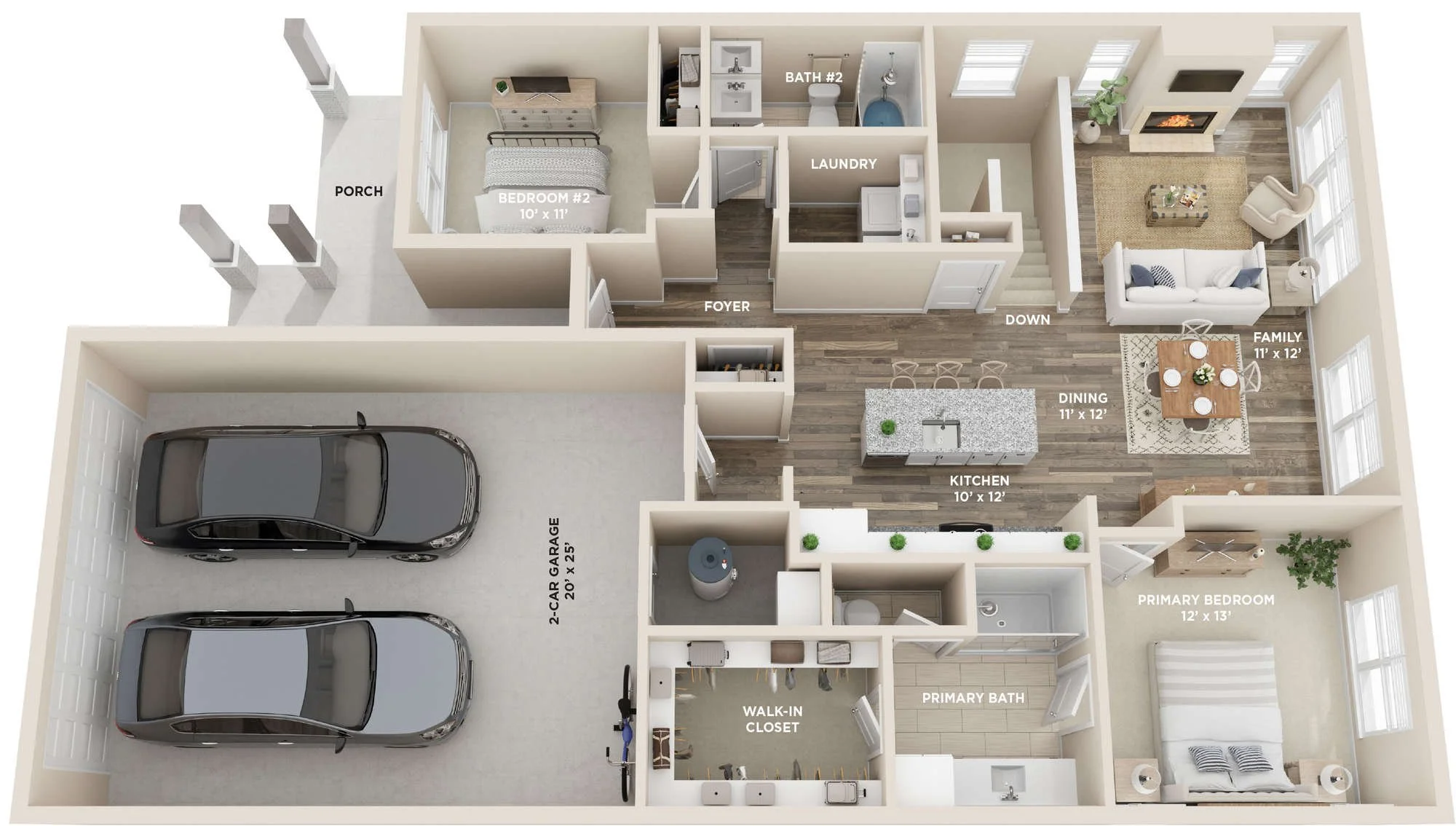 A 3D floor plan of a house showing the layout of rooms including a garage, primary bedroom and bath, kitchen, dining and family room, two bedrooms, two bathrooms, a laundry area, and a porch, with furnishings and fixtures visible.