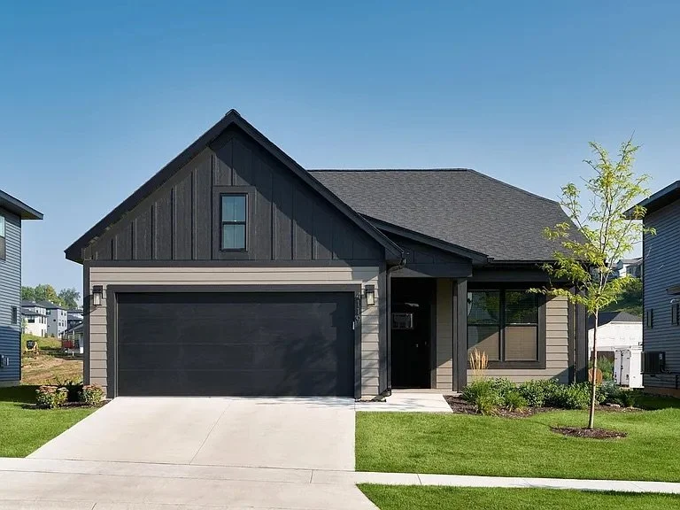 Front view of a modern single-story house with a black garage door, black accent siding, and a small front yard with a young tree and lawn