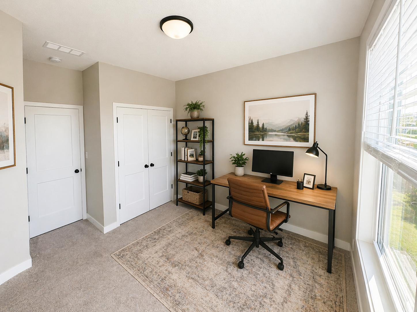 Home office with a wooden desk, computer, desk lamp, framed photo, potted plant, and a large window with blinds. A room shelf with decorative items and plants, a landscape painting, and closets with white doors are visible.