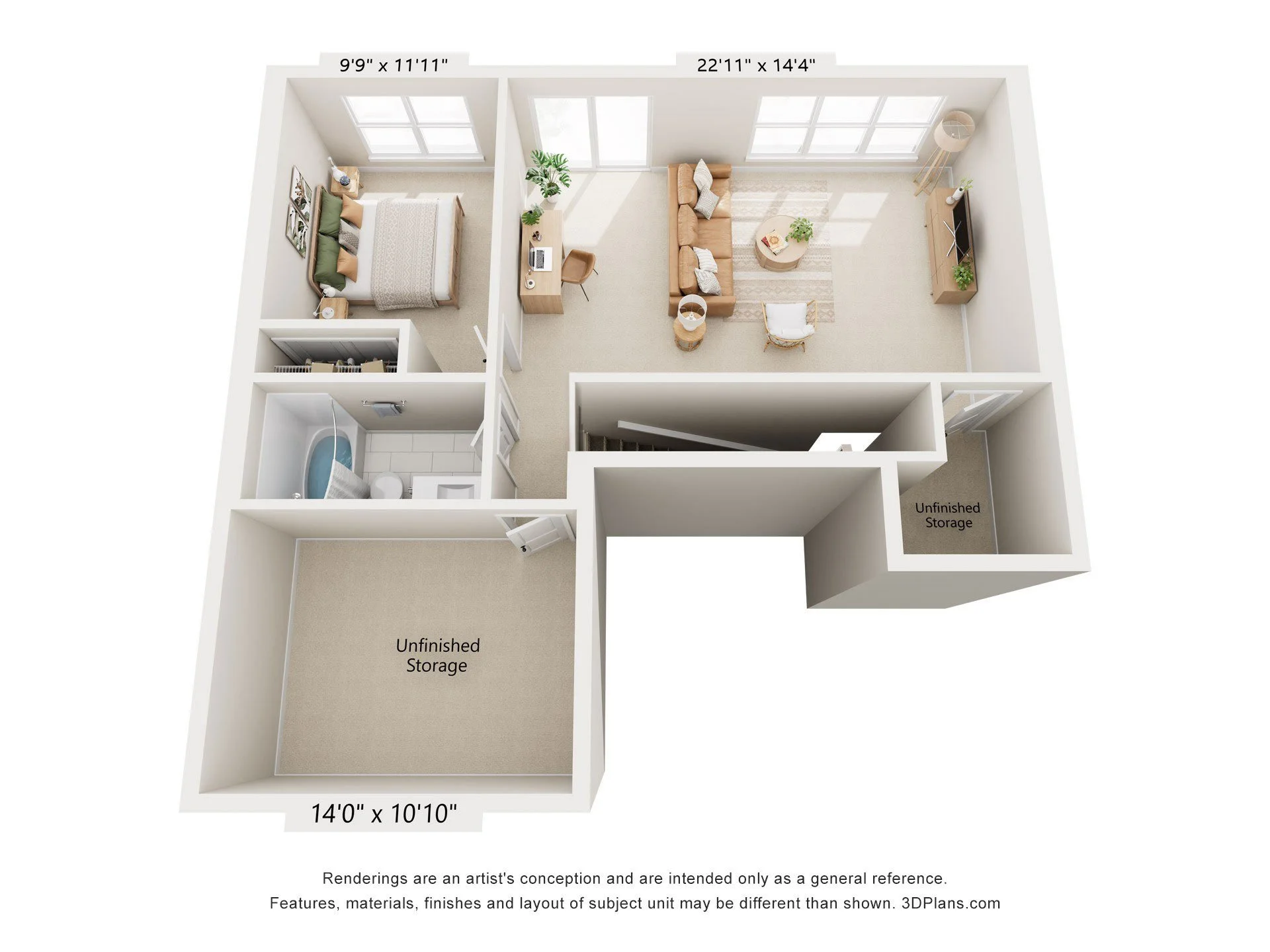3D floor plan of a living space including a bedroom, living room, bathroom, and unfinished storage areas with dimensions labeled for each room.