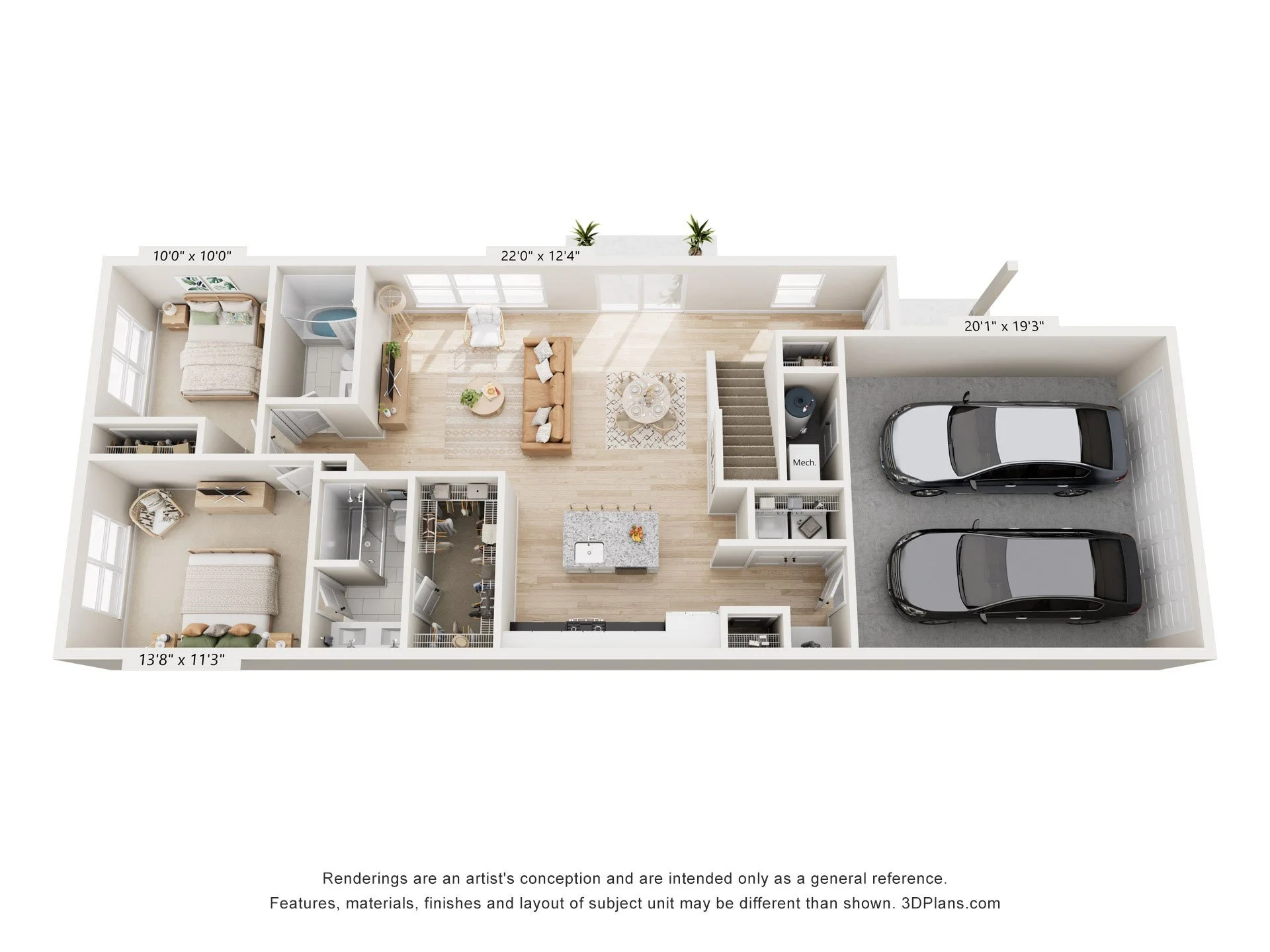 Mainstay townhome main level floor plan showing kitchen, living and dining areas, bedroom, bath and laundry.