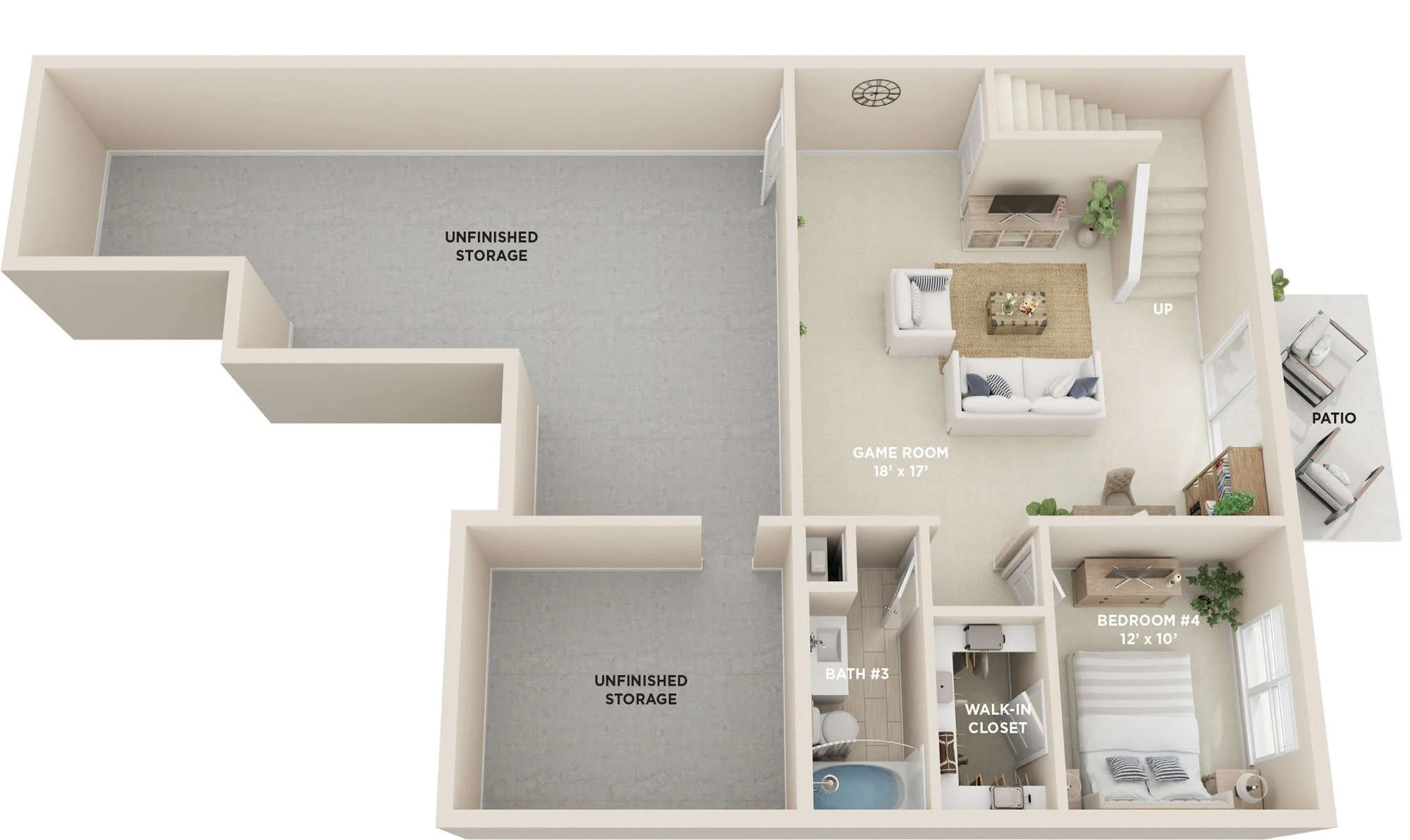 Floor plan with labeled rooms including unfinished storage, game room, bedroom 4, walk-in closet, bathroom 3, patio, and staircase.