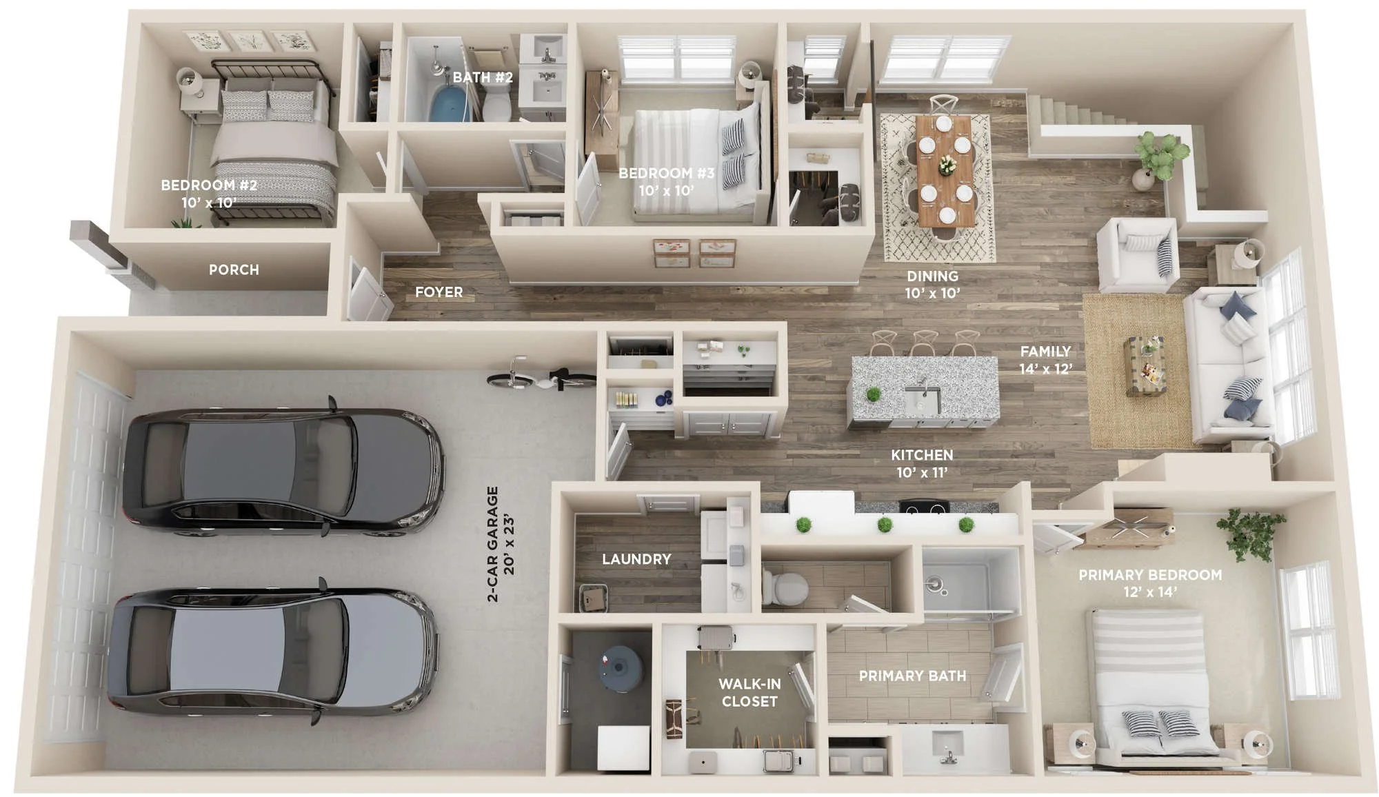 Floor plan of a house showing a garage with three cars, laundry room, primary bedroom with attached bathroom, walk-in closet, two smaller bedrooms, two bathrooms, a kitchen, dining area, family room, porch, and foyer.