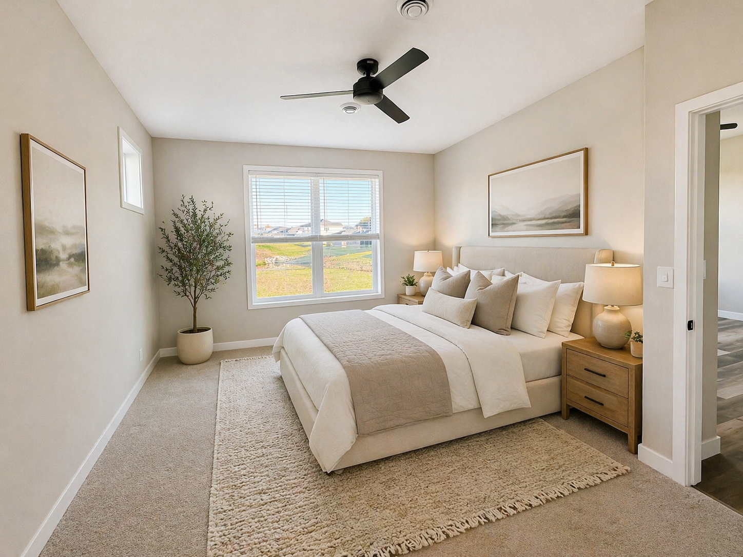 A modern bedroom with a large bed, beige bedding, and multiple pillows. There are wooden nightstands with lamps on either side of the bed, a large window with blinds, a ceiling fan, a potted plant, and framed artwork on the walls. The room has light-colored walls and plush carpet.
