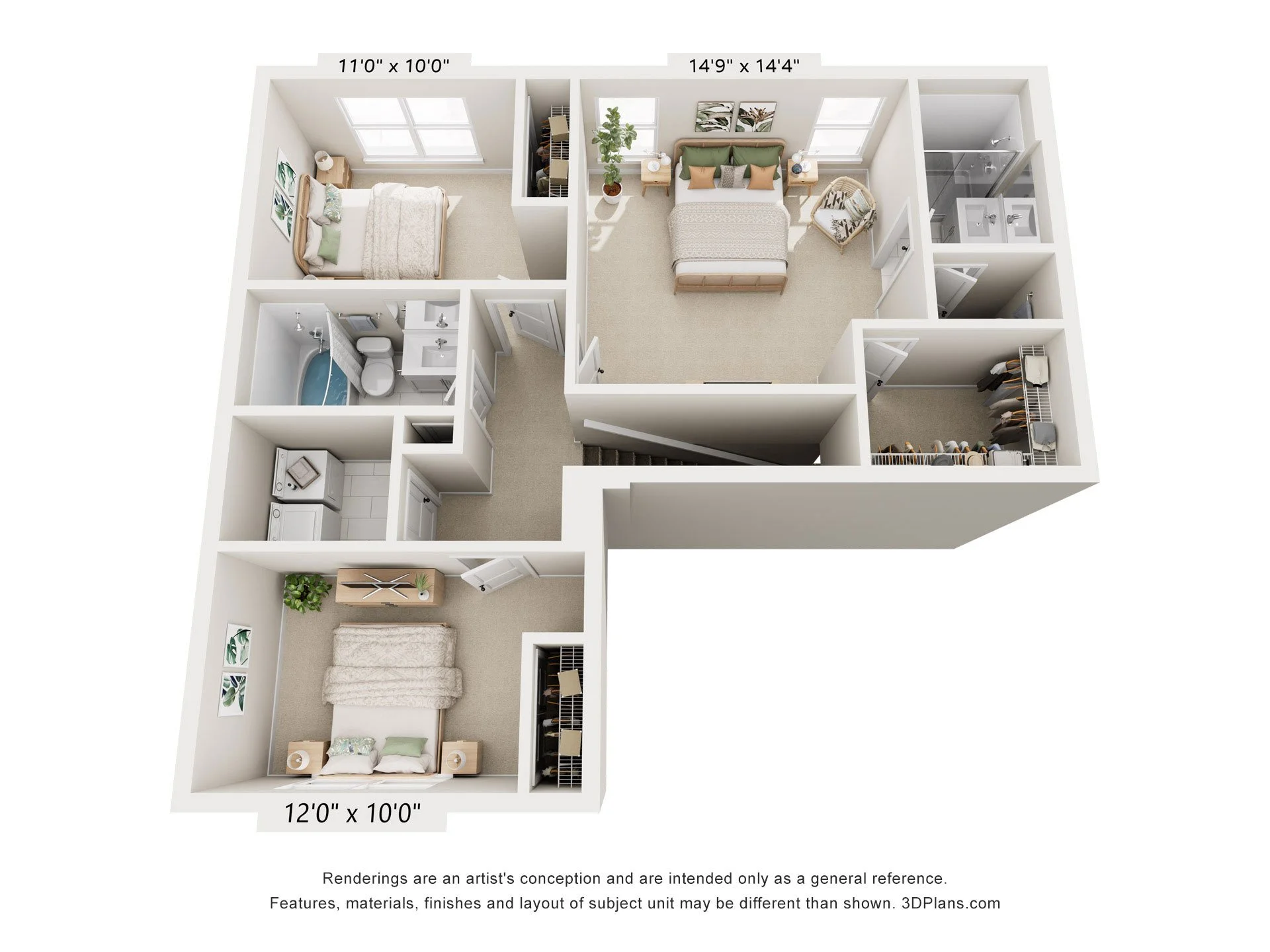 3D floor plan of a residential unit showing two bedrooms, a bathroom, and a laundry room.