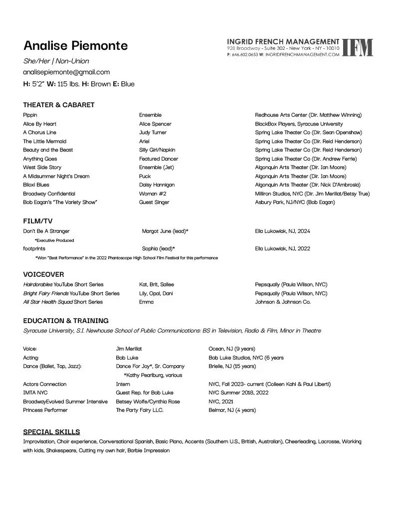 A resume for Anglise Piemonte, a non-union actress, featuring contact info, personal details, theater, cabaret performances, film and TV credits, voiceover work, education, training, and special skills.