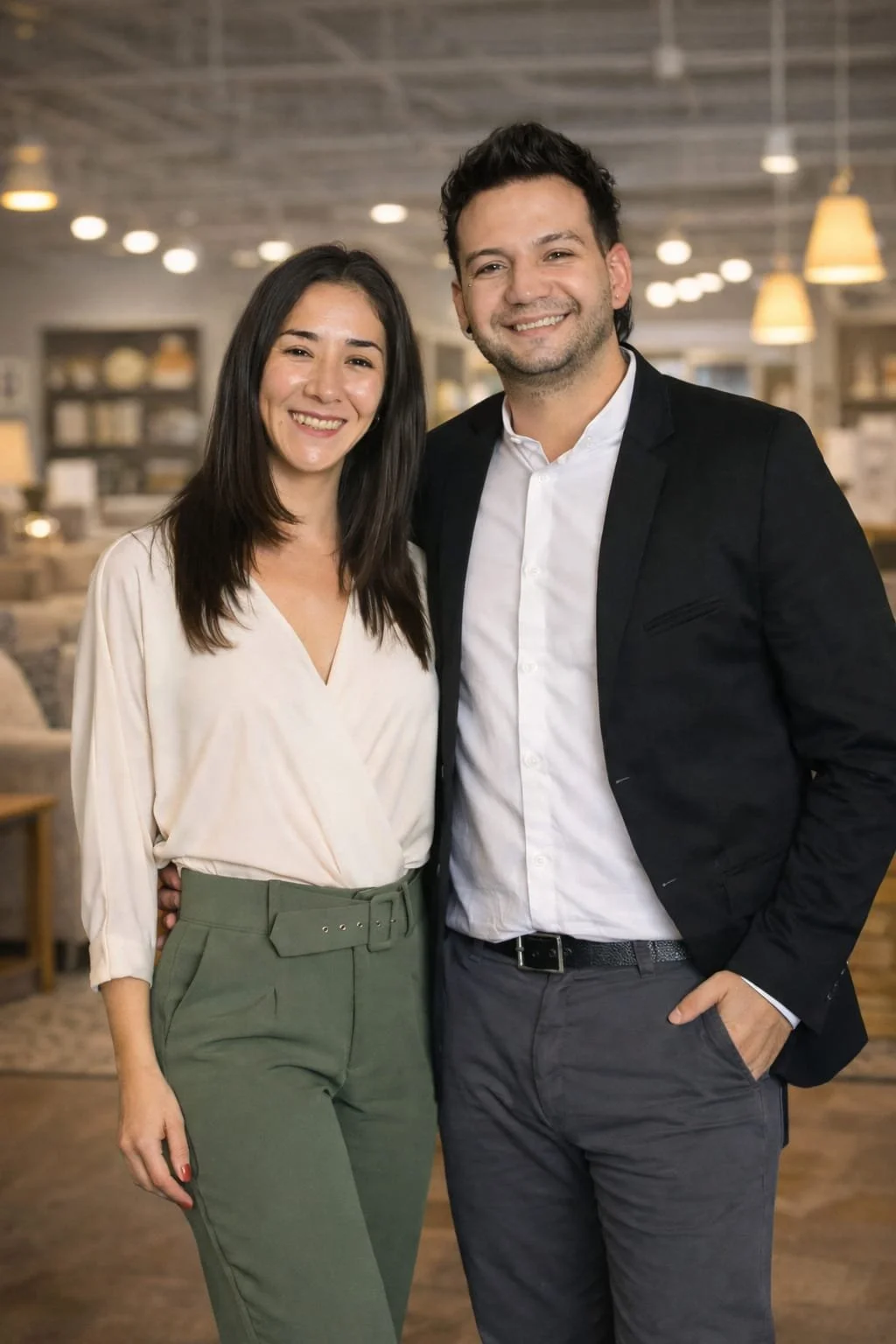 Una pareja sonriendo en un ambiente interior cálido y moderno.