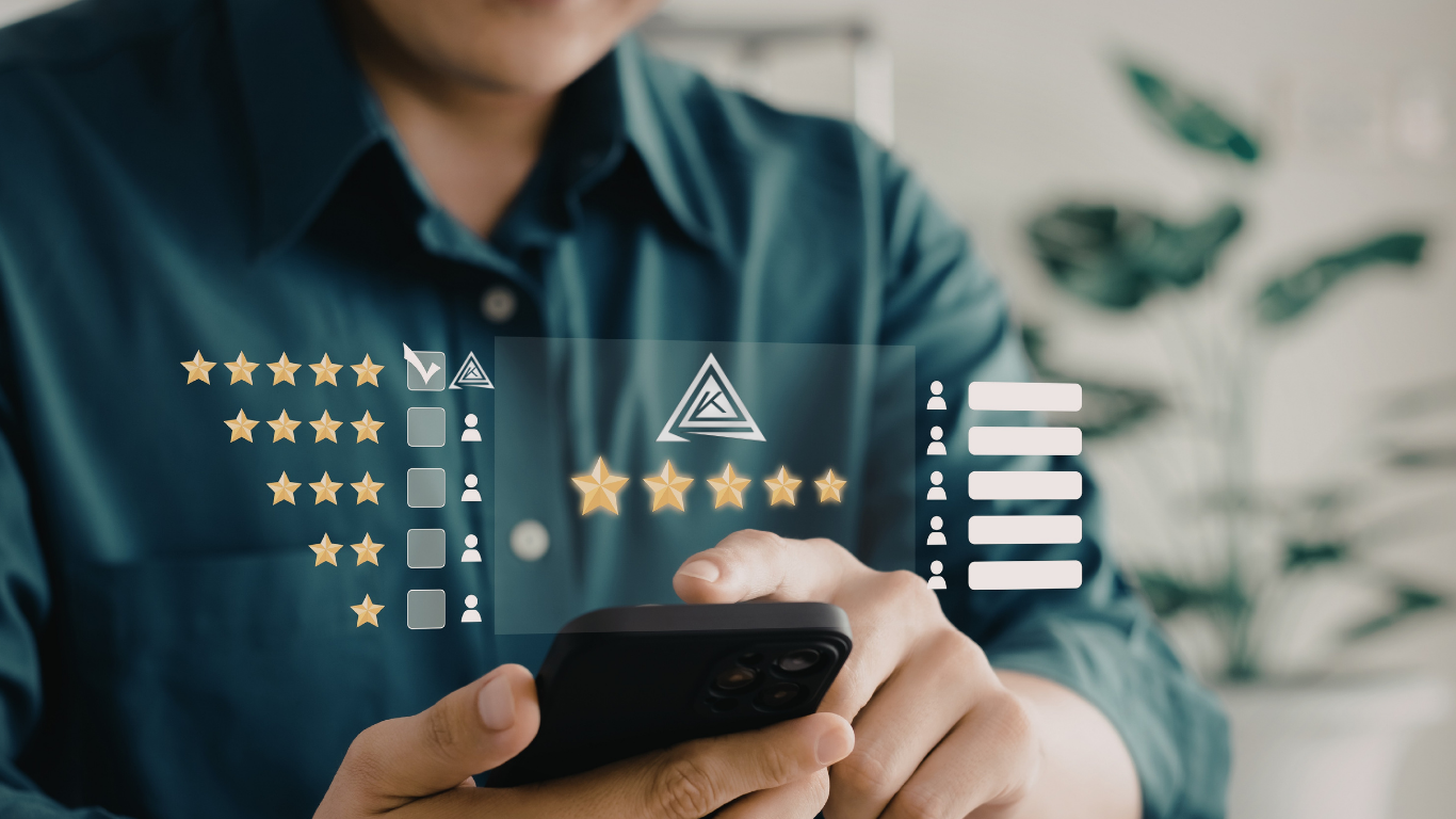 Person in blue shirt using smartphone with virtual star rating and review graphics displayed in front of them.