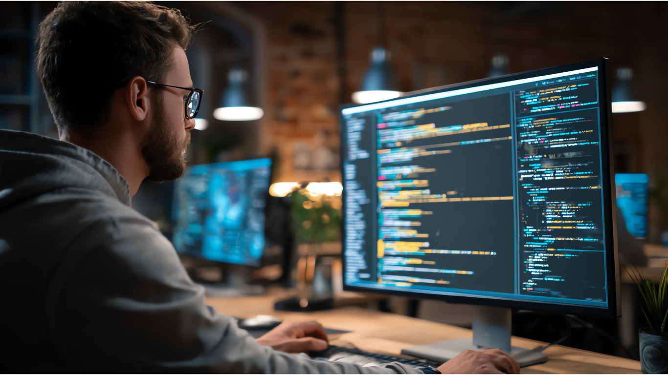A man wearing glasses sitting in front of a large monitor displaying colorful lines of computer code in a dimly lit office or workspace.