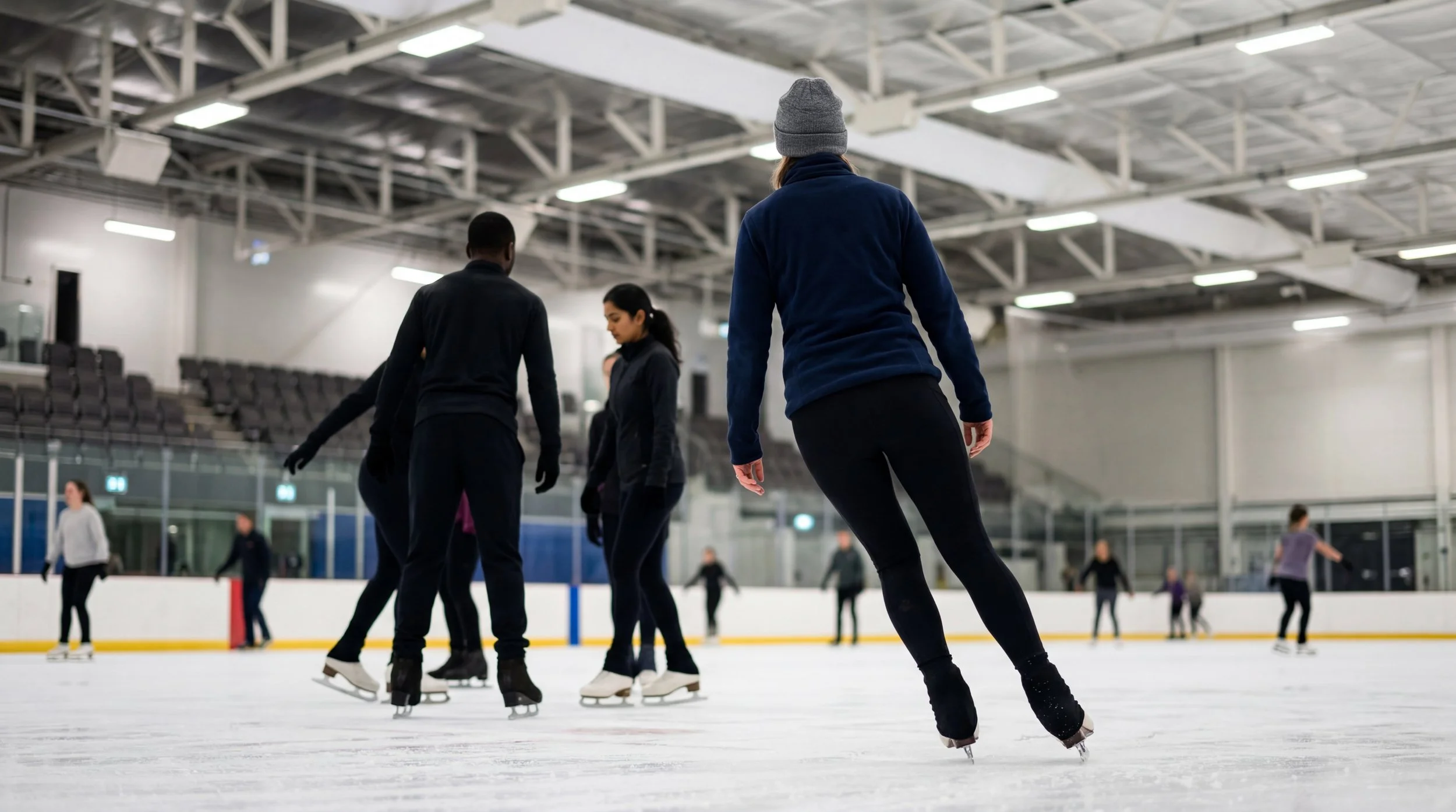 A woman in a dark blue jacket and black leggings ice skating indoors, with other skaters in the background also skating.