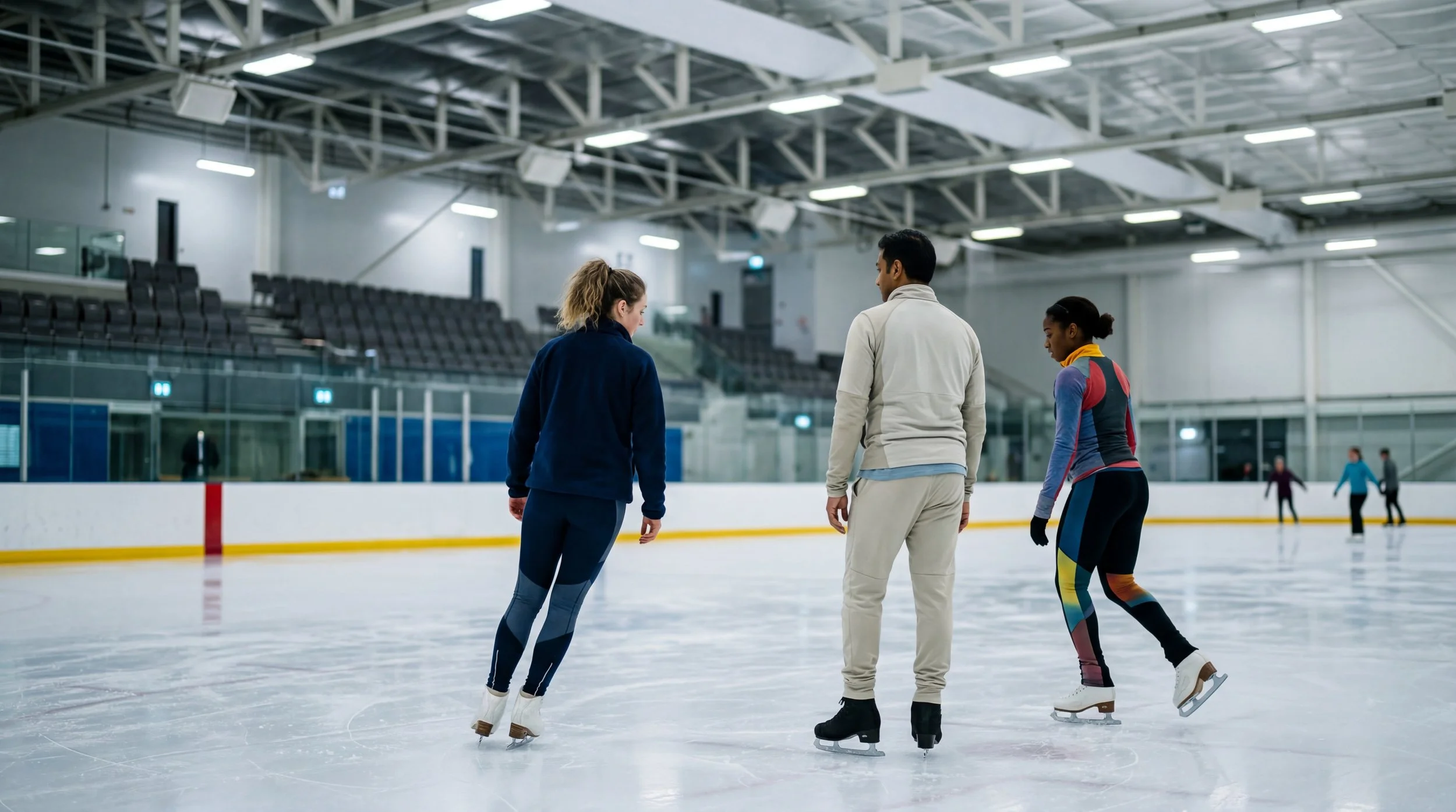 3 adults practice their ice skating in a brightly lit indoor ice rink