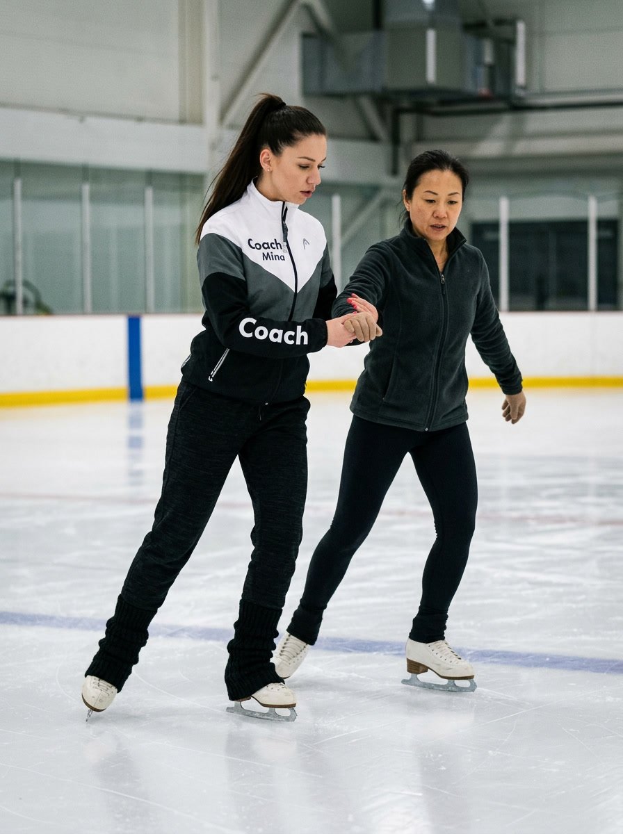 Coach Mina teaches an adult how to ice skate