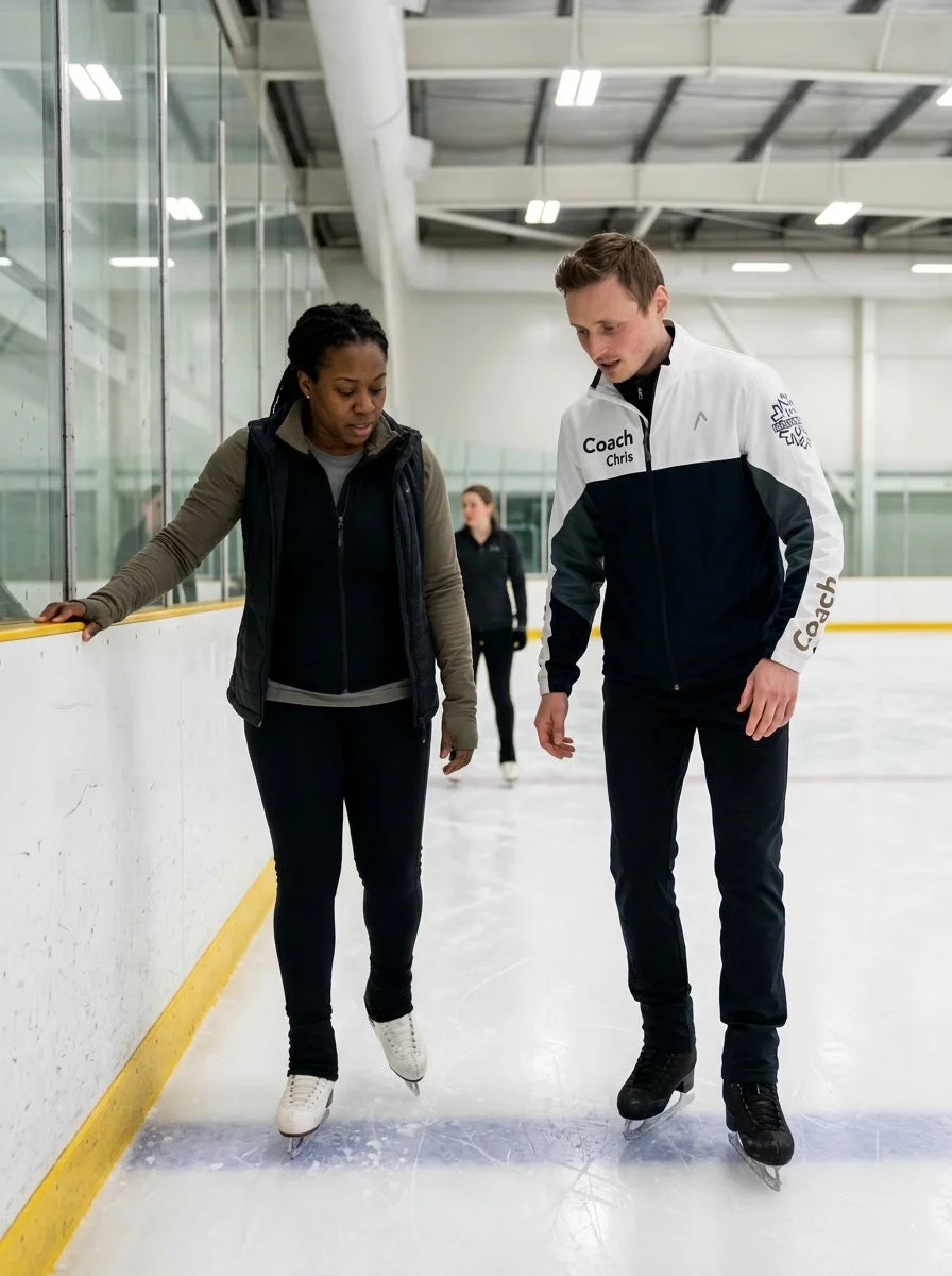 Coach Chris teaches an adult how to ice skate