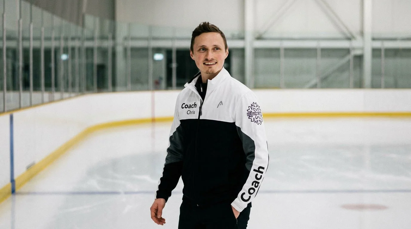 Chris Davis, an ice skating coach, standing on an ice rink, smiling, wearing a white and black jacket with the word 'Coach' and 'Chris' embroidered on it.