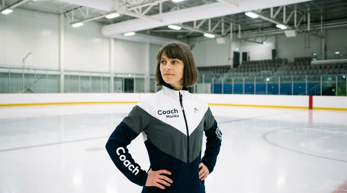 A female ice skating coach standing on an indoor ice rink with her hands on her hips, wearing a jacket that says 'Coach Marika'.