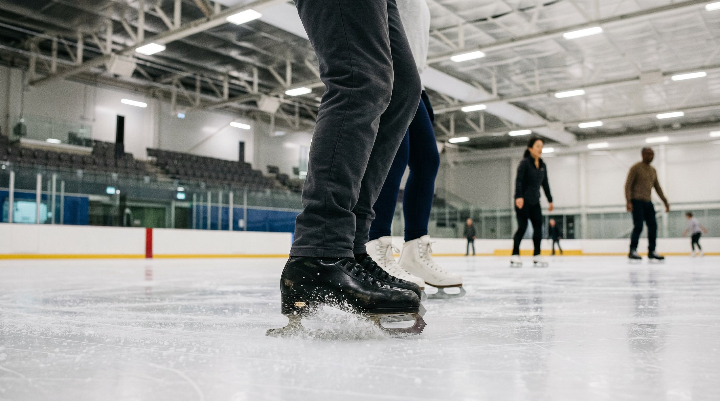 A close up of a skater performing a snowplough stop on an indoor ice rink