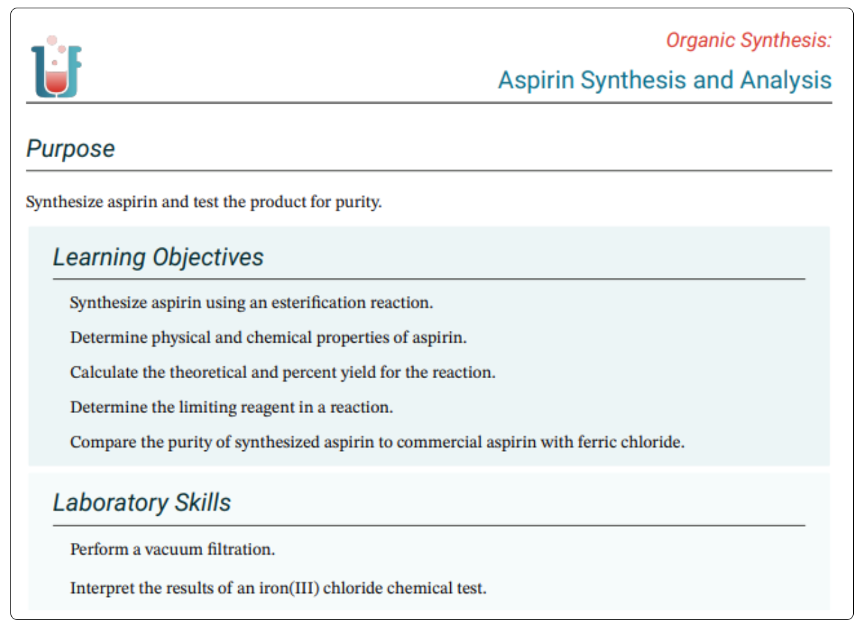 example of aspirin and synthesis and analysis resource
