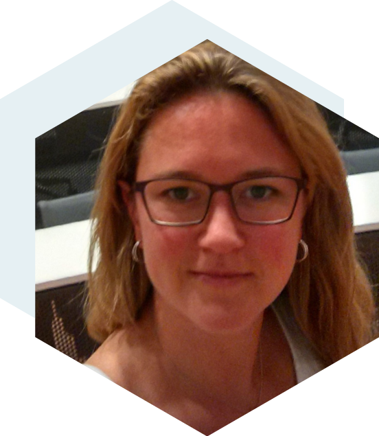 Woman with straight blonde hair with glasses within a hexagon shape