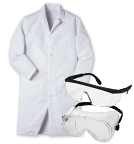 white lap coat with safety goggles