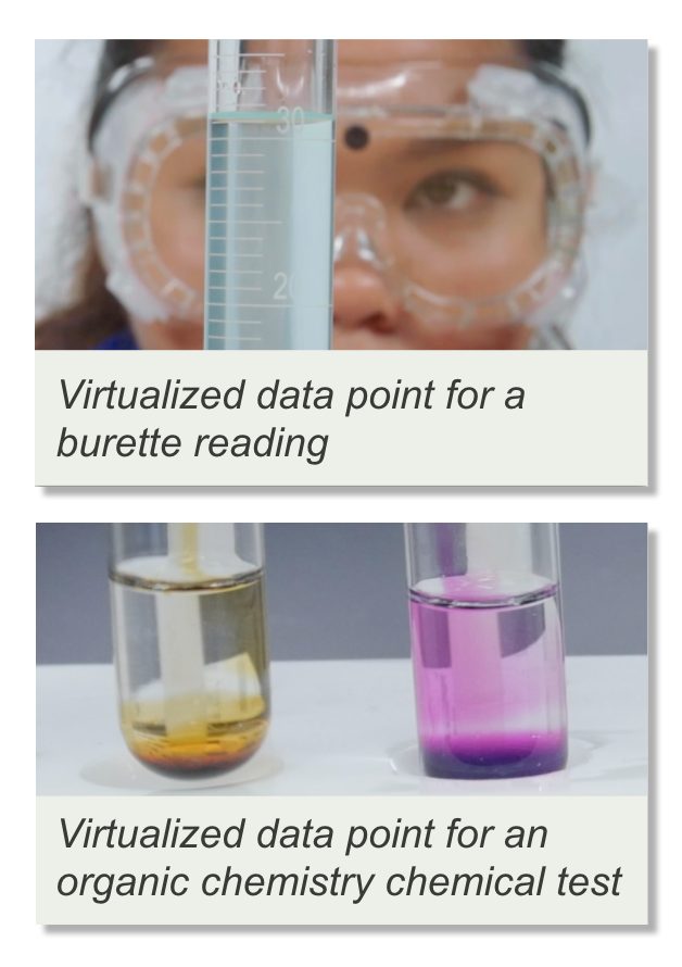 stacked photos of scientist reading a beaker marker and two beakers side by side