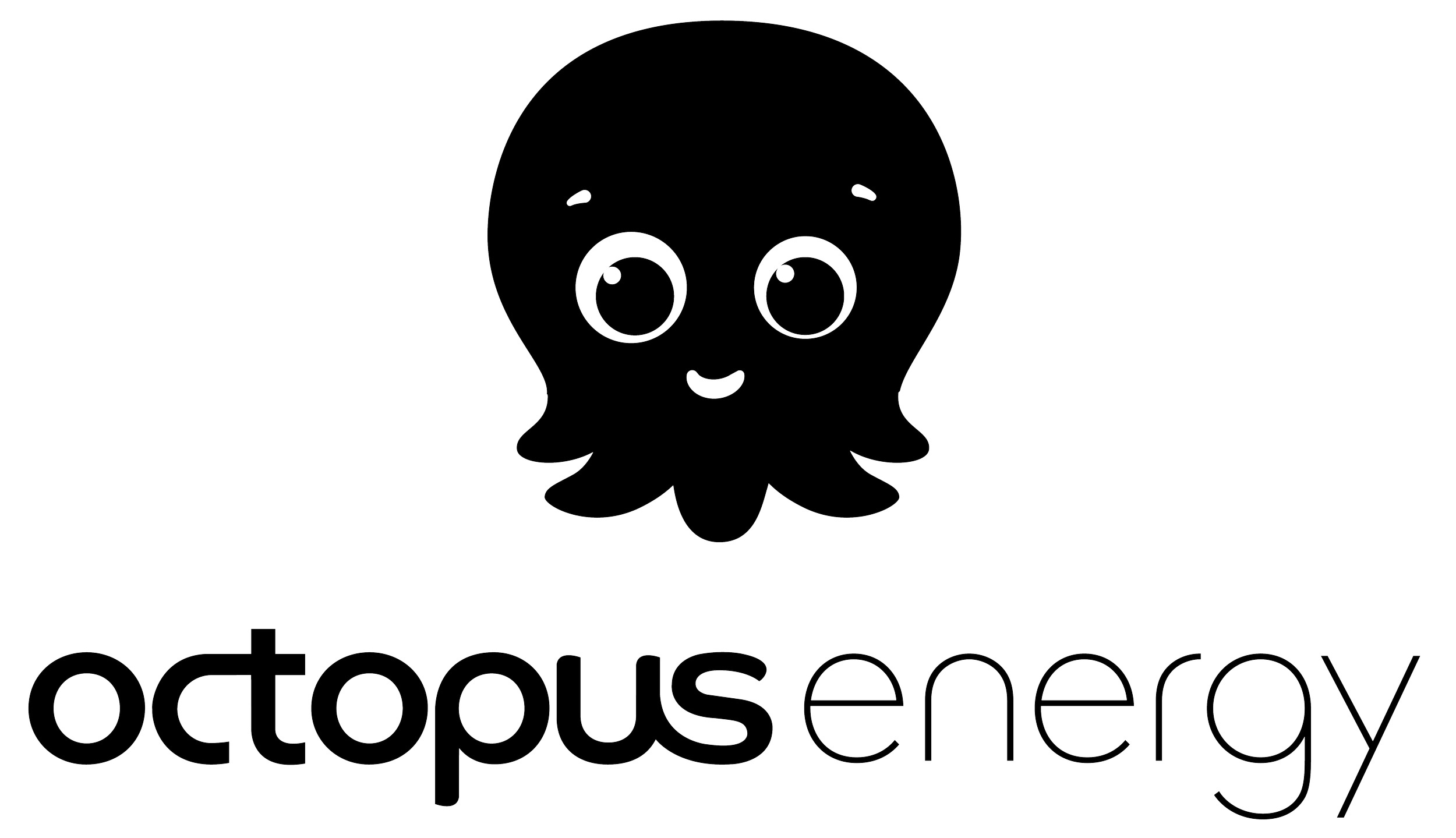 A black and white outline of a cute cartoon octopus with large eyes and a happy face, with the words "octopus energy" written below in lowercase letters.