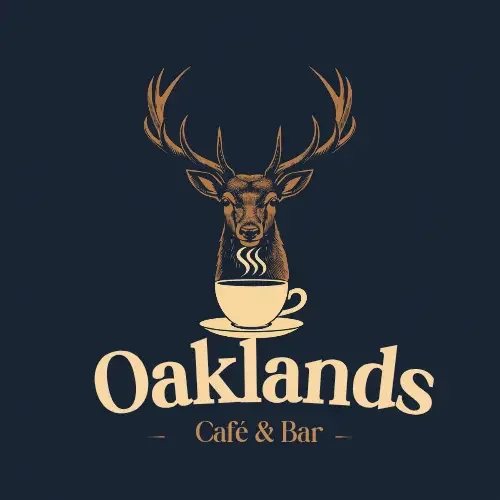 A logo for Oakland's Cafe & Bar featuring a stylized deer head with large antlers, with a steaming coffee cup in front of the deer.