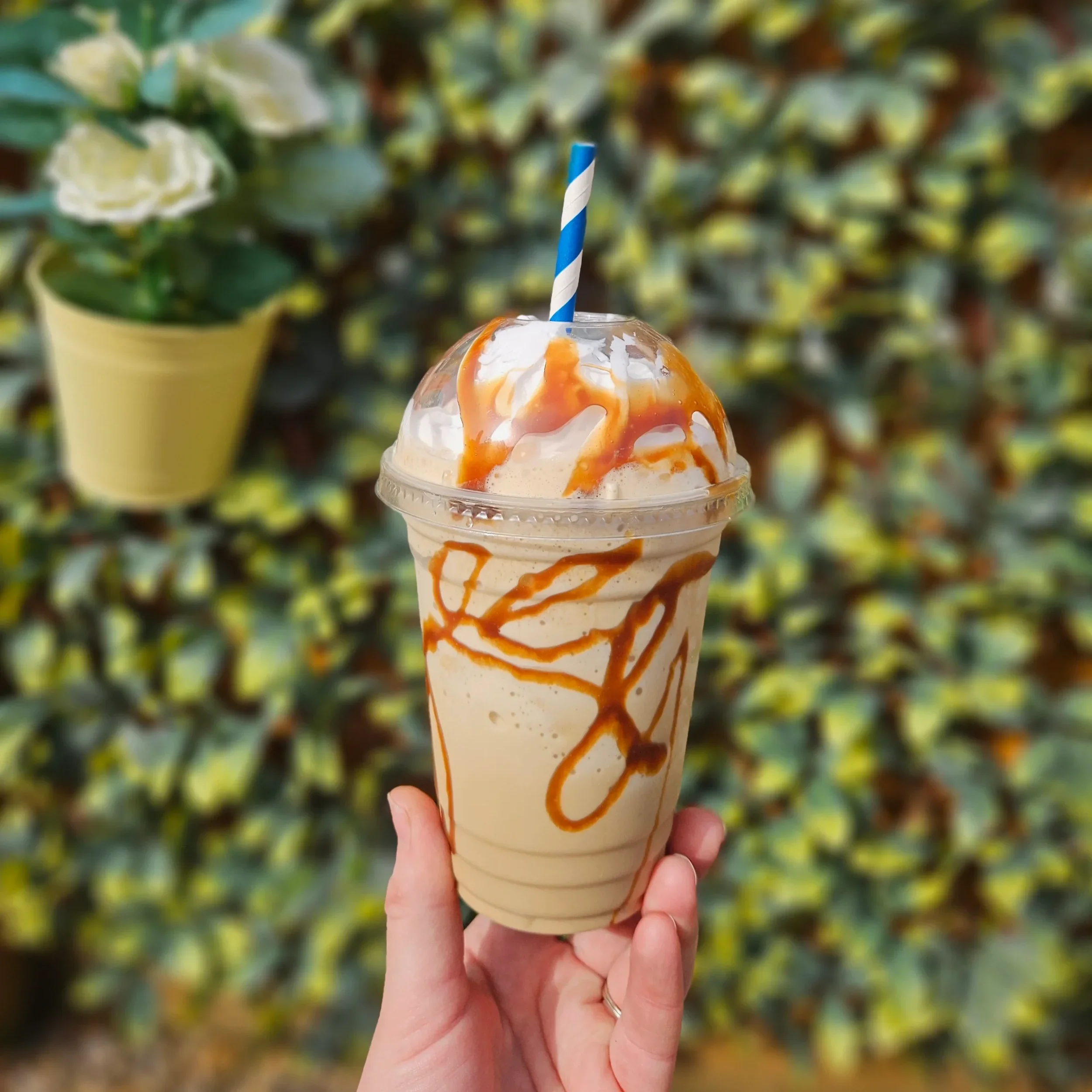 A hand holding a clear plastic cup filled with a blended orange-colored frozen drink topped with whipped cream and caramel sauce, with a blue and white striped straw. In the background, there's a yellow potted plant with white flowers and blurred green foliage.