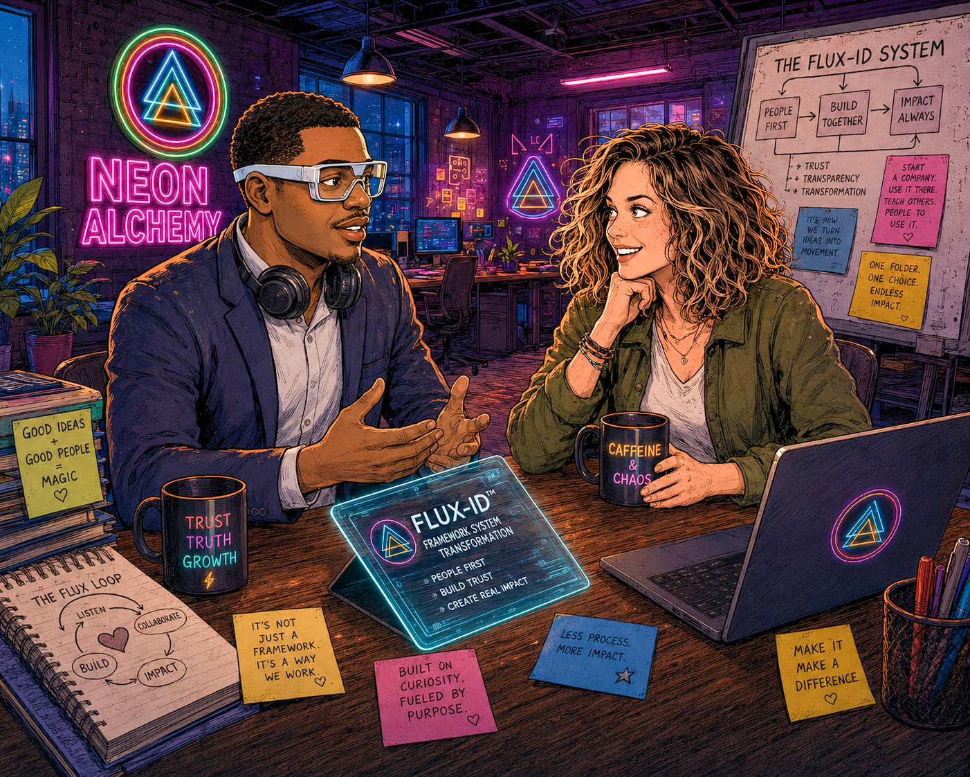 Two people having a discussion in a modern, neon-lit office with a whiteboard and a glass table, featuring Neon Alchemy branding and various motivational notes.