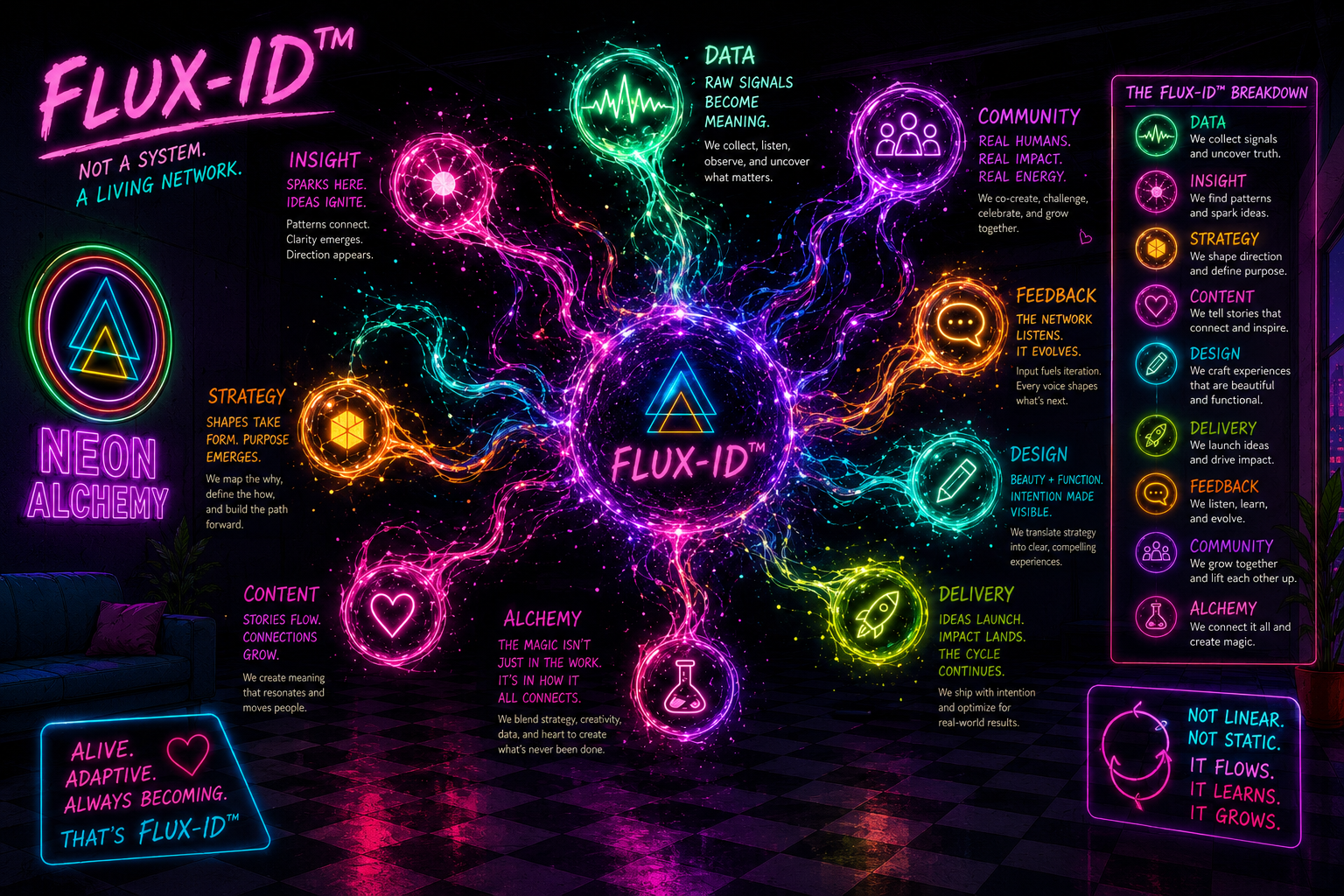 A neon infographic titled 'Flux-ID' depicting a system of interconnected elements and concepts. It includes color-coded sections with text describing data collection, community impact, strategy, content, design, delivery, feedback, and alchemy, all connected by glowing lines and symbols, with a dark background and neon accents.