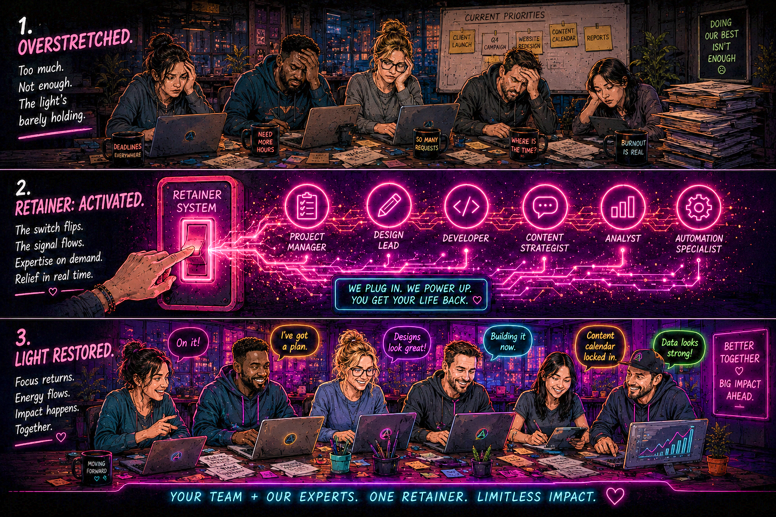 An illustrated collage depicting a stressed team of five people working late at night, with various digital elements and text showing a transformation from overworked to re-energized. The top section shows exhaustion, the middle section displays activating a retainer system, and the bottom shows a happy, energized team collaborating with speech bubbles indicating positive progress.