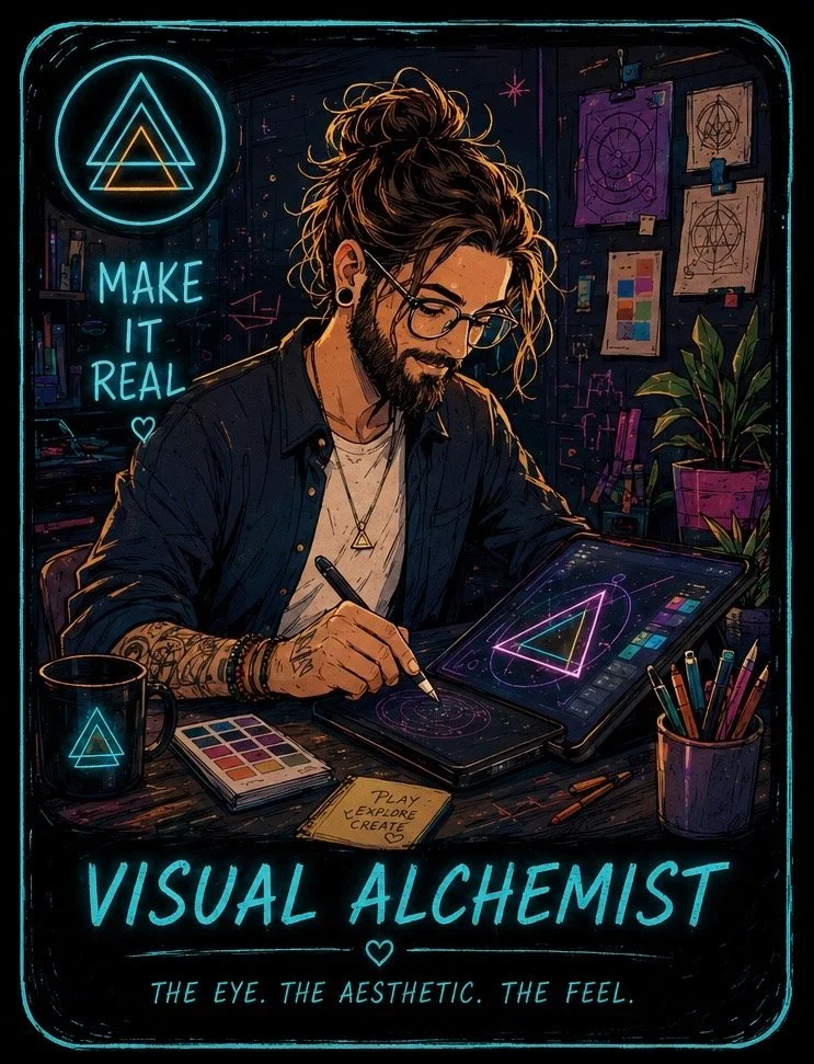 An artist working at a digital drawing tablet surrounded by art supplies, with neon signs and geometric designs in the background. The scene has a vibrant, futuristic aesthetic, emphasizing creativity and digital art.