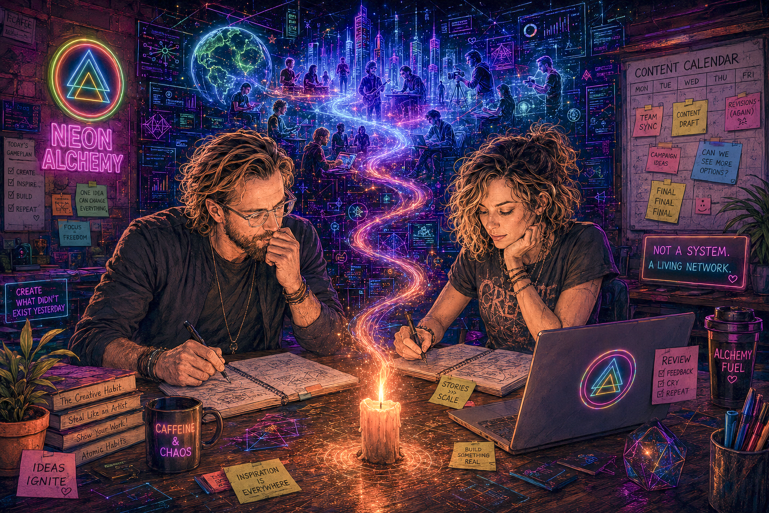 A vibrant, neon-lit workspace with two people working at a table, surrounded by neon signs, sticky notes with motivational quotes, and digital graphics of a digital network, cityscape, and globe. The scene has a futuristic, creative atmosphere focused on ideas and collaboration.