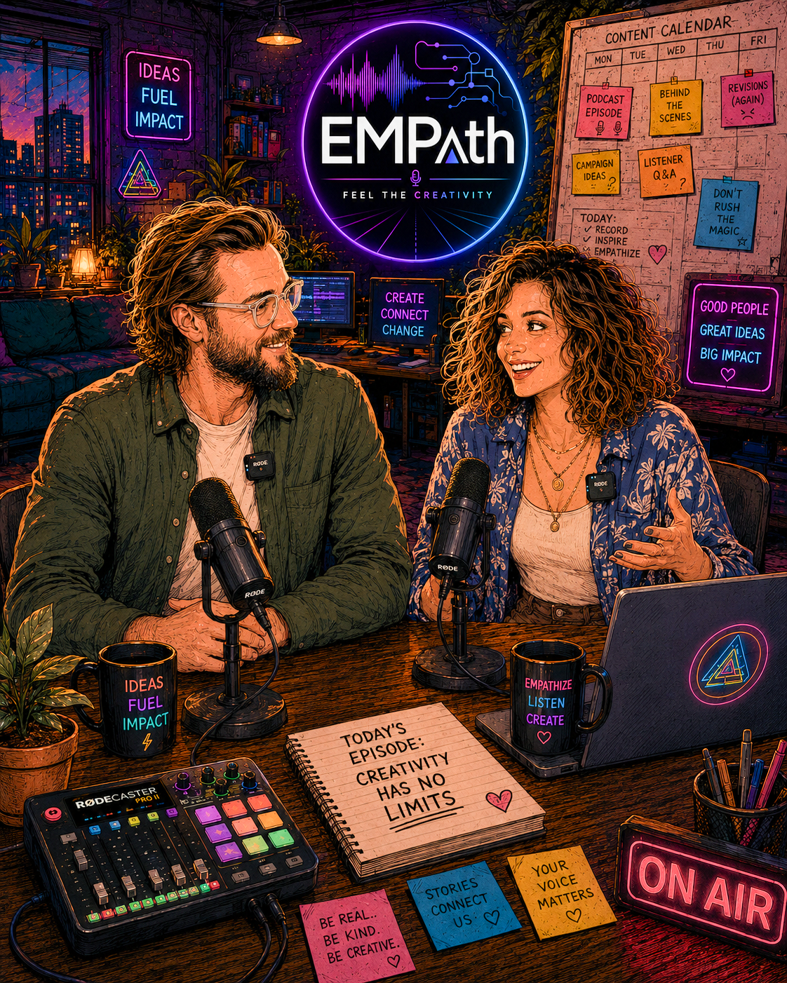 Two people with microphones engage in a podcast recording in a vibrant, neon-lit studio. The background displays various colorful neon signs and a content calendar. The table has podcast equipment, mugs with motivational words, and sticky notes with inspirational messages.