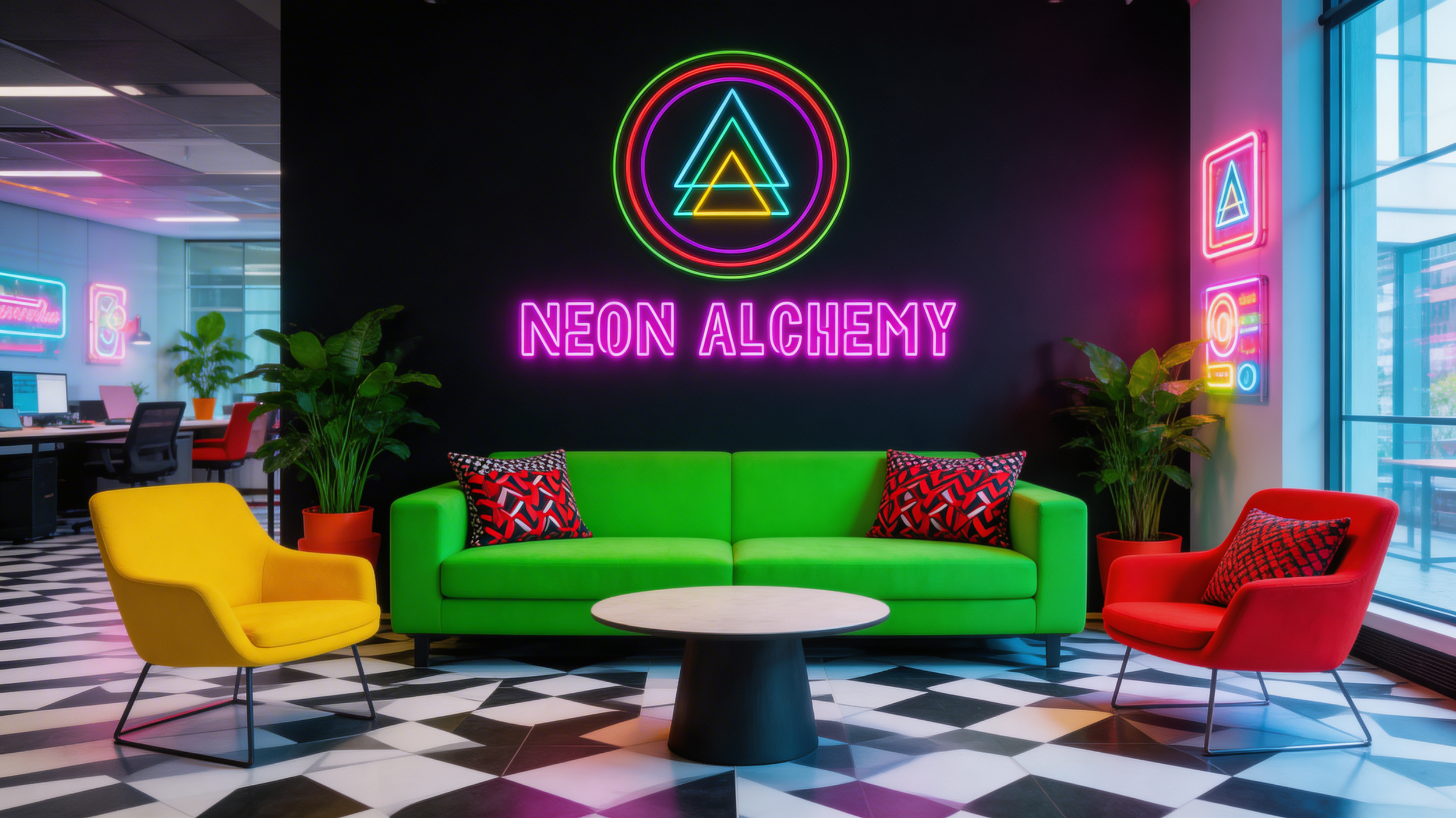 A neon sign reads 'Neon Alchemy' on a black wall, surrounded by colorful neon lights and artwork. The space features a bright green sofa with red and black patterned pillows, yellow and red chairs, and potted plants. There are checkered black-and-white tile floors and large windows with a view outside.